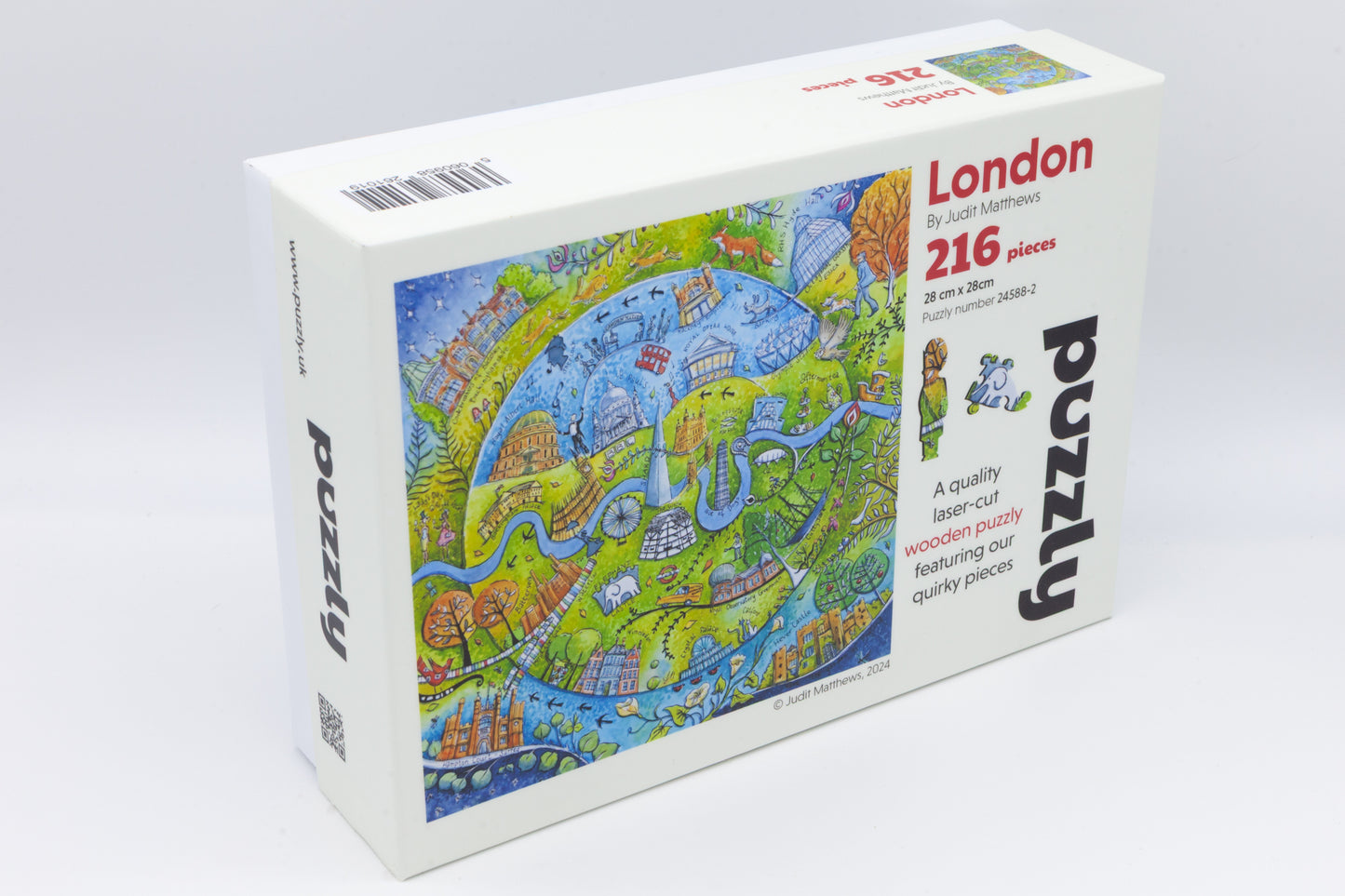 London Wooden Jigsaw Puzzle with London themed whimsical pieces. Artwork by Judit Matthews. Made in Britain. 638 or 216 pieces.