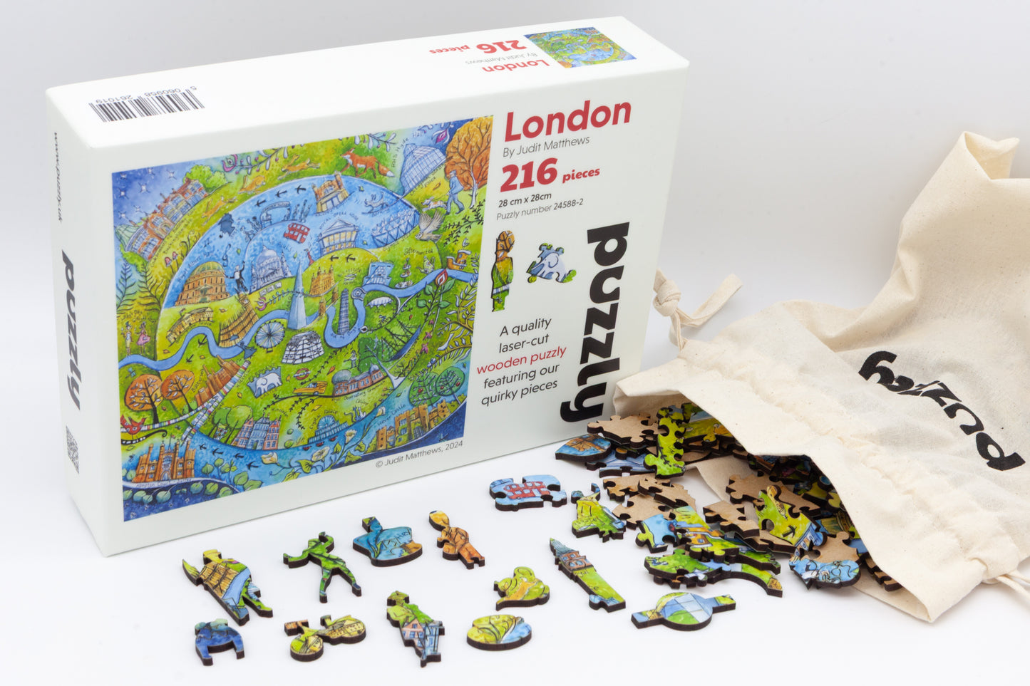 London Wooden Jigsaw Puzzle with London themed whimsical pieces. Artwork by Judit Matthews. Made in Britain. 638 or 216 pieces.