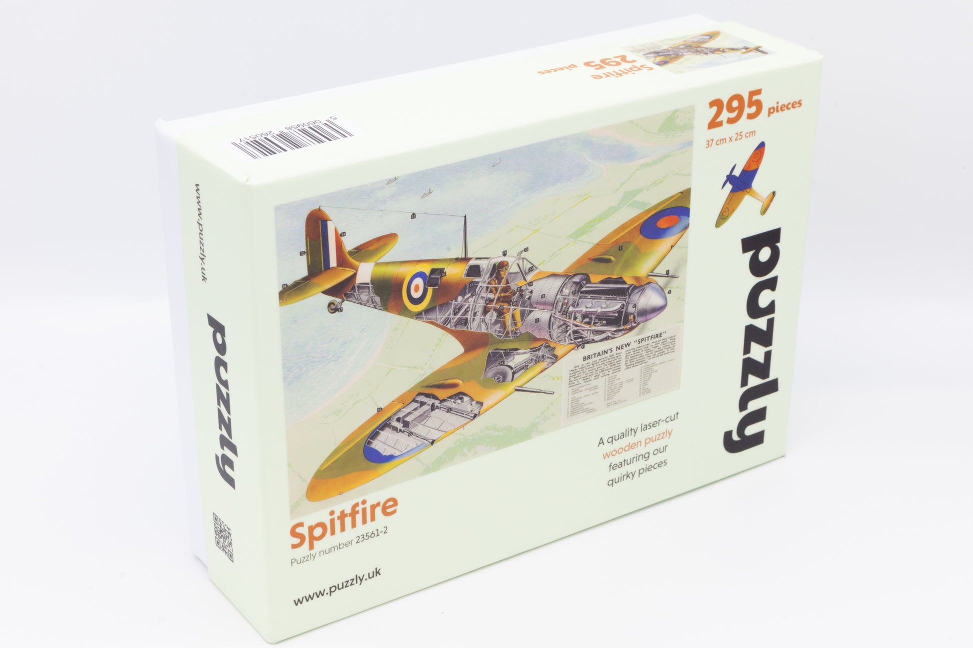 A wooden jigsaw puzzle depicting a 1940's Britain's new 'Spitfire' airplane with an exploded view plan.