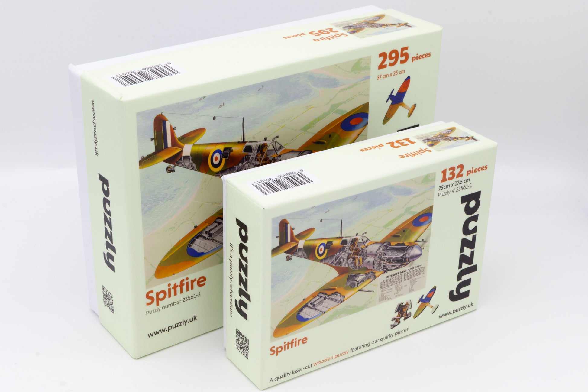 A wooden jigsaw puzzle depicting a 1940's Britain's new 'Spitfire' airplane with an exploded view plan.