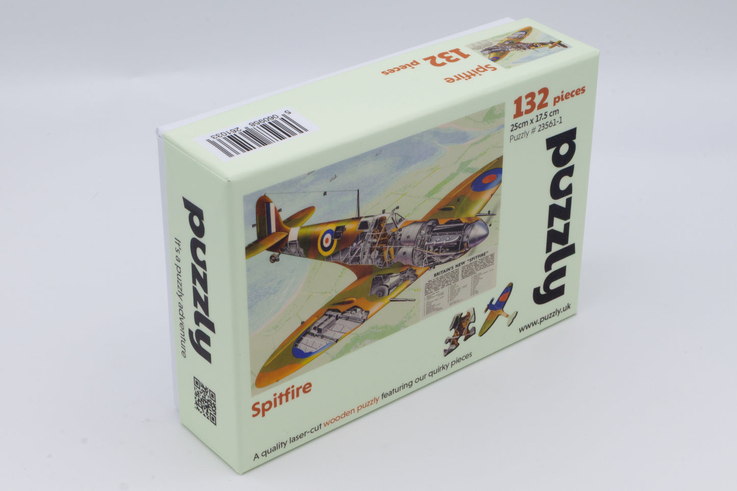 A wooden jigsaw puzzle depicting a 1940's Britain's new 'Spitfire' airplane with an exploded view plan.