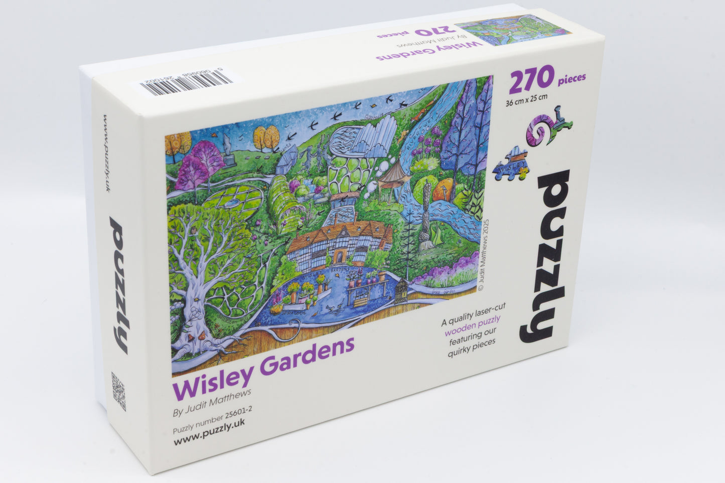 RHS Garden Wisley wooden jigsaw puzzle. Artwork by the renowned artist Judit Matthews. A fun Wisley Gardens puzzle with lots of Gardening themed pieces. A great puzzle for gardeners and landscape artists. Made in Britain