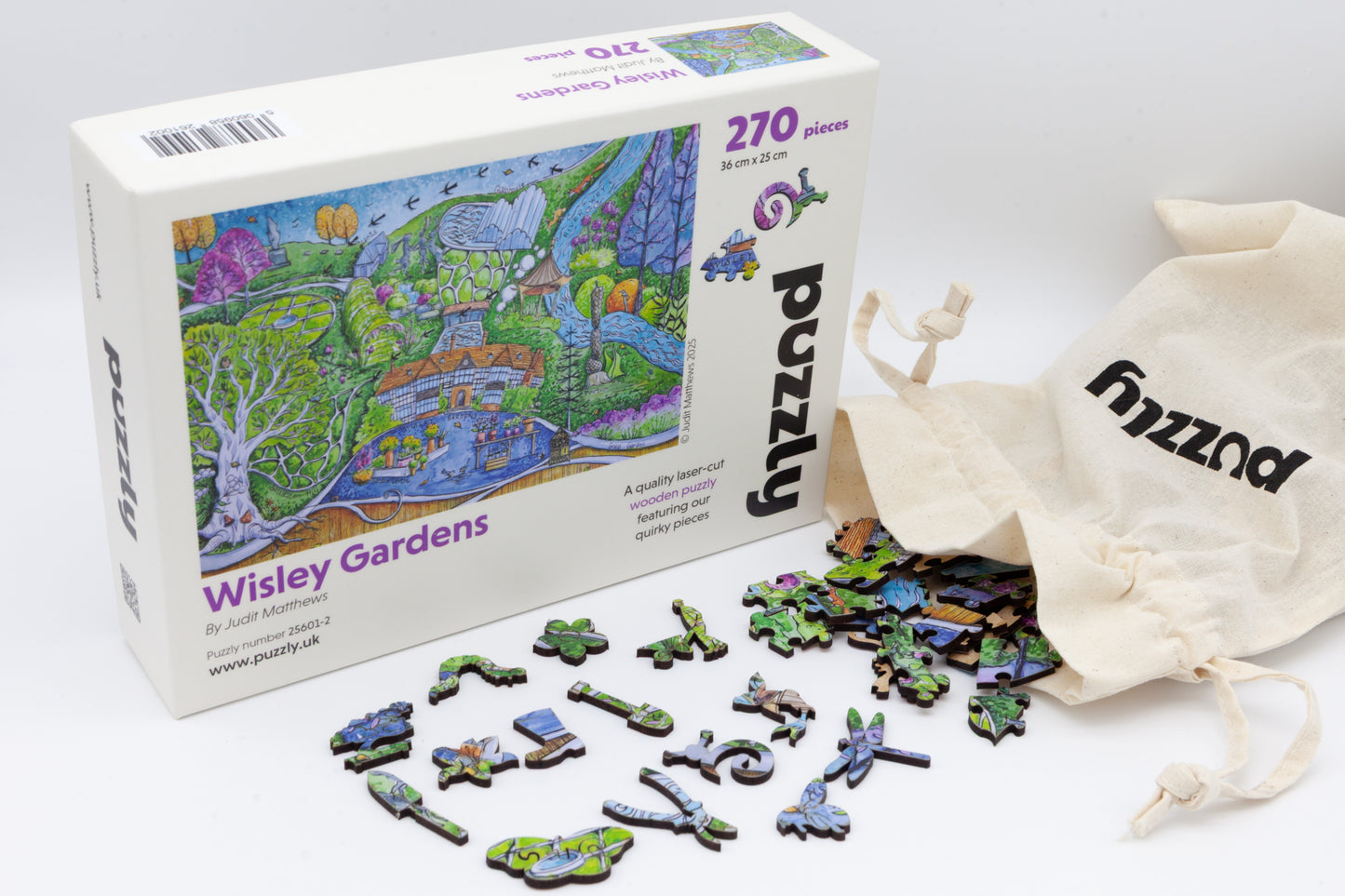 RHS Garden Wisley wooden jigsaw puzzle. Artwork by the renowned artist Judit Matthews. A fun Wisley Gardens puzzle with lots of Gardening themed pieces. A great puzzle for gardeners and landscape artists. Made in Britain