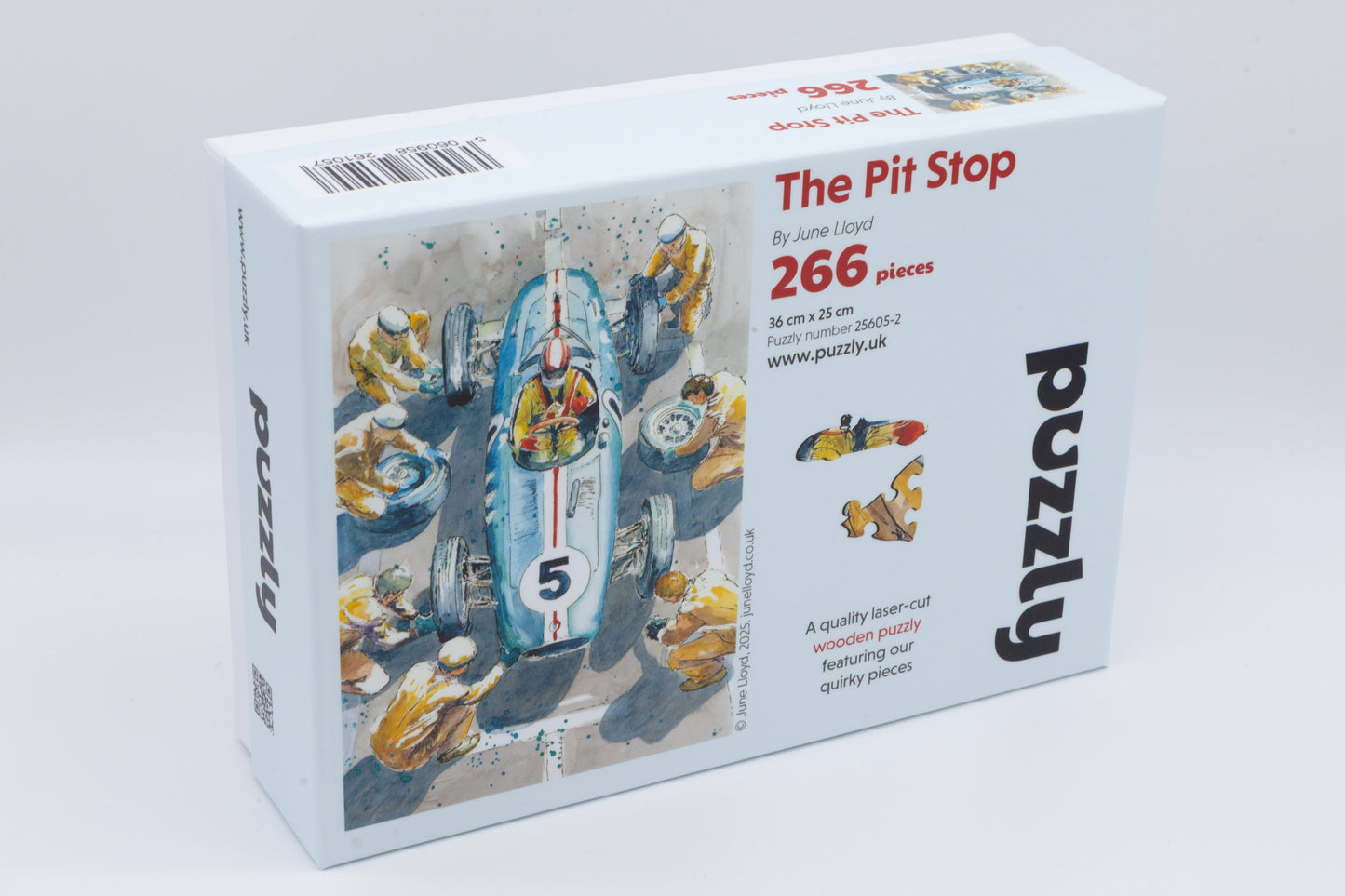 The Pit Stop Wooden Jigsaw Puzzle by The Puzzly Company. Artwork by June Lloyd. It's a wonderful 1950's inspired Motorsport Grand Prix race. The puzzle contains both normal and whimsical jigsaw pieces. Made in Britain.