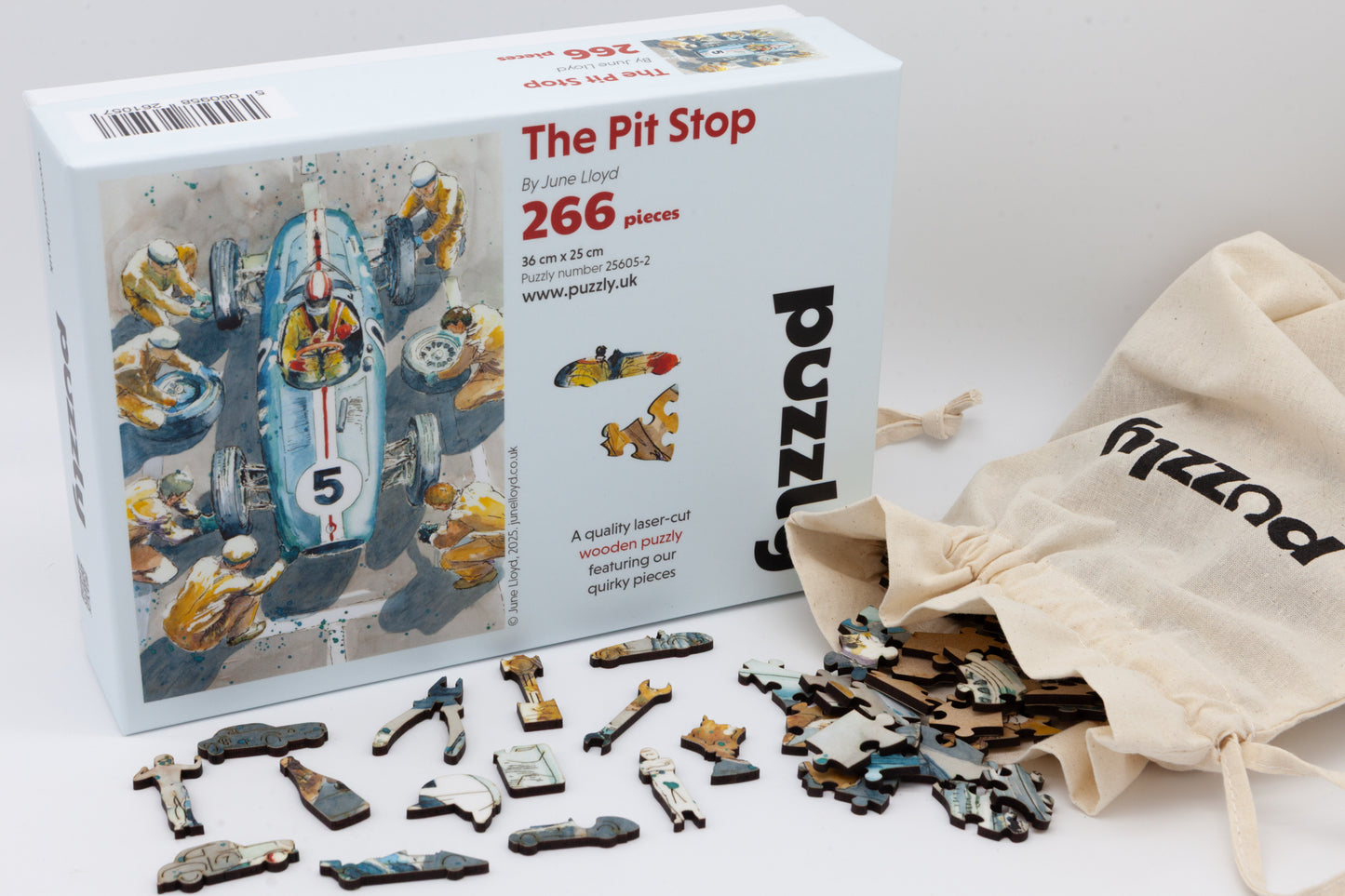 The Pit Stop Wooden Jigsaw Puzzle by The Puzzly Company. Artwork by June Lloyd. It's a wonderful 1950's inspired Motorsport Grand Prix race. The puzzle contains both normal and whimsical jigsaw pieces. Made in Britain.