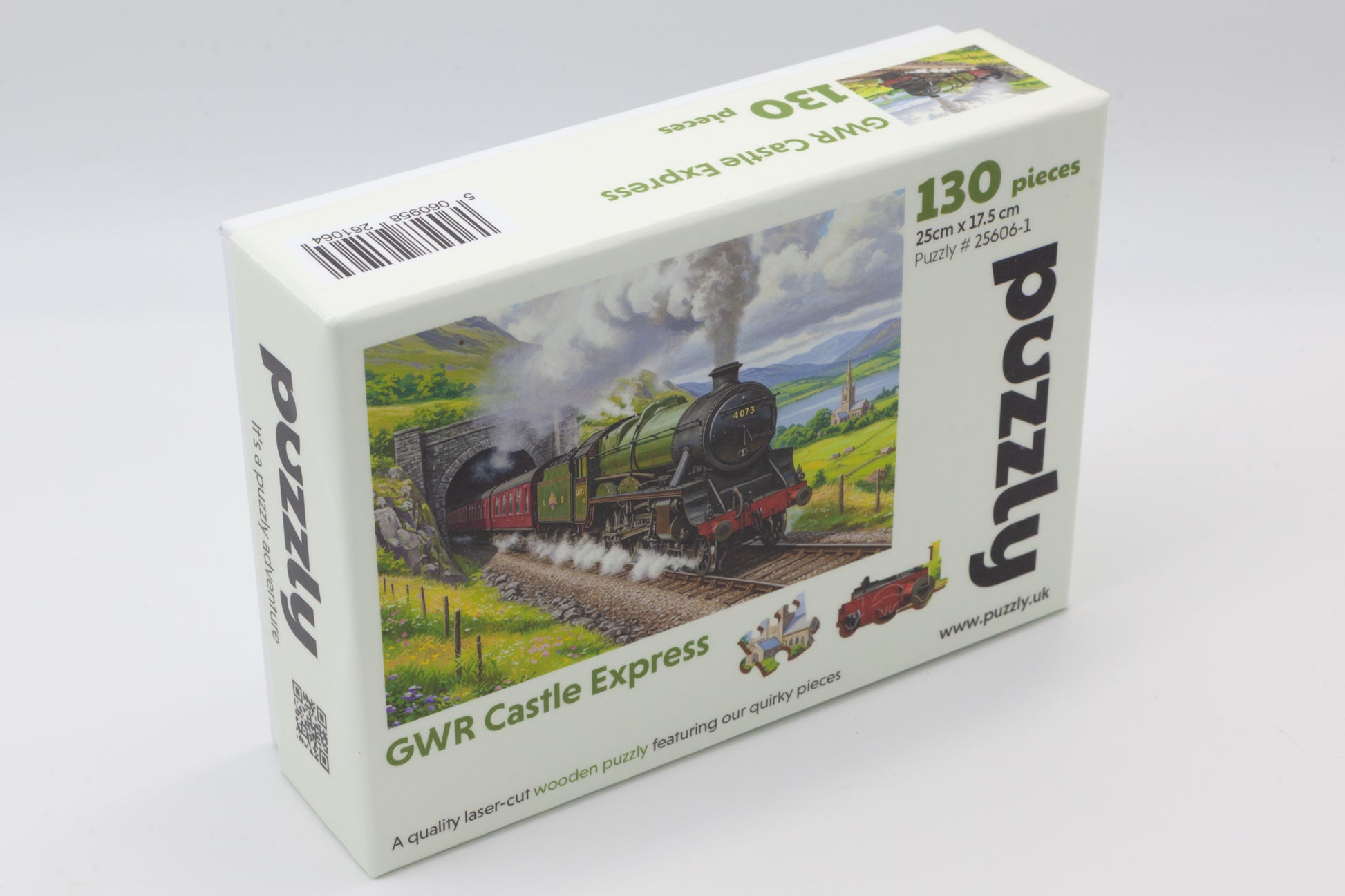 GWR Castle Express Steam Train Wooden Jigsaw Puzzle is a fun 130 piece puzzle.  The perfect gift for train enthusiasts as it contains both regular jigsaw pieces as well as train themed whimsical pieces.  Made in Britain.