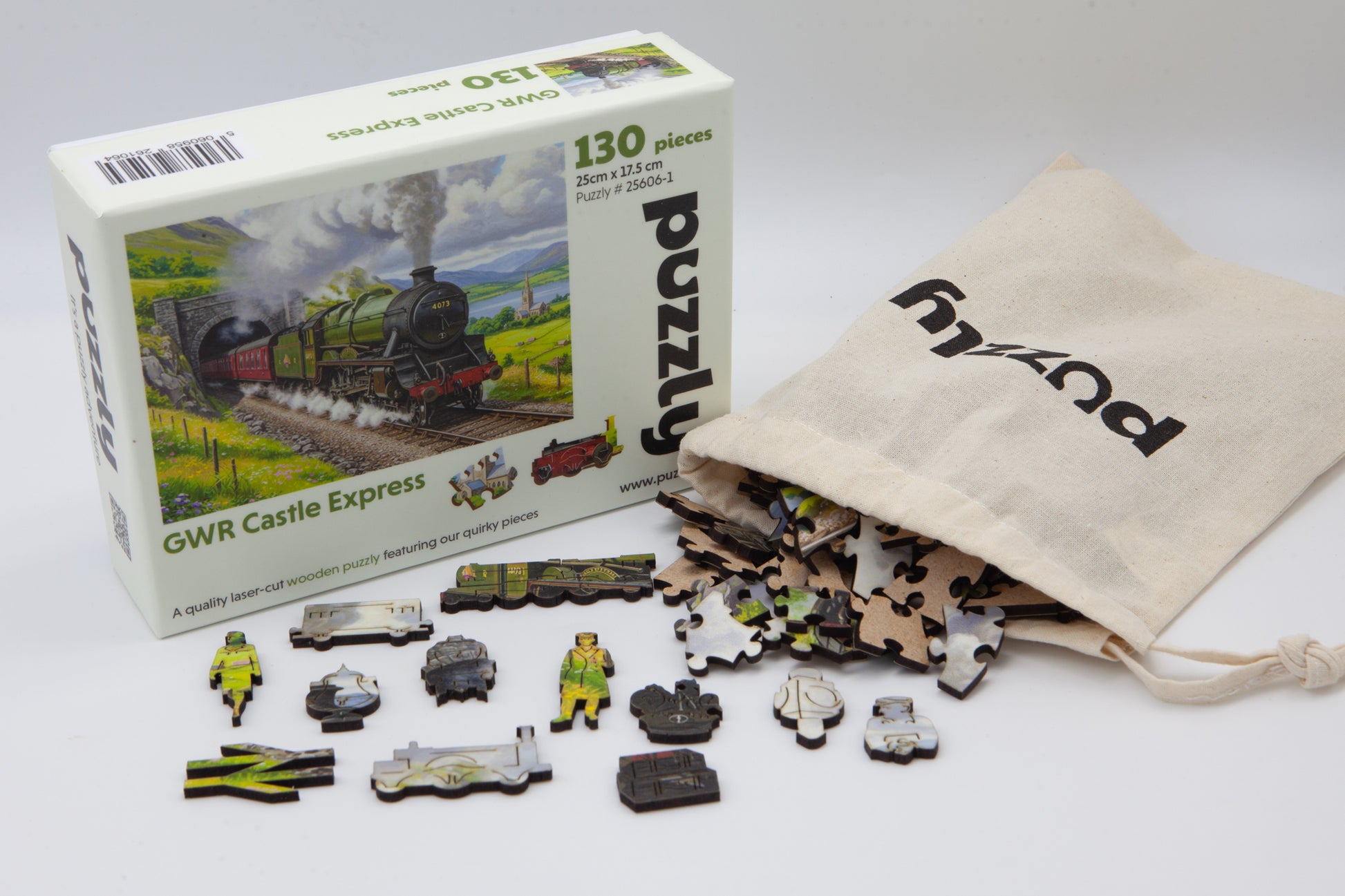 GWR Castle Express Steam Train Wooden Jigsaw Puzzle is a fun 130 piece puzzle.  The perfect gift for train enthusiasts as it contains both regular jigsaw pieces as well as train themed whimsical pieces.  Made in Britain.