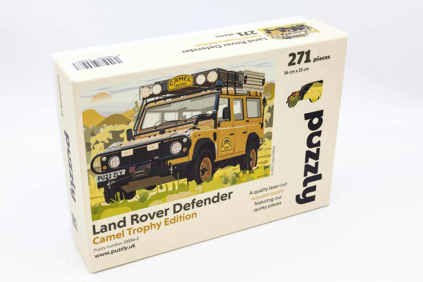 Land Rover Defender Wooden Jigsaw Puzzle - The Camel Trophy Edition. The perfect gift for Land Rover enthusiasts. Comes with 271 or 134 irregular and character pieces. Designed, cut and packaged in Britain.