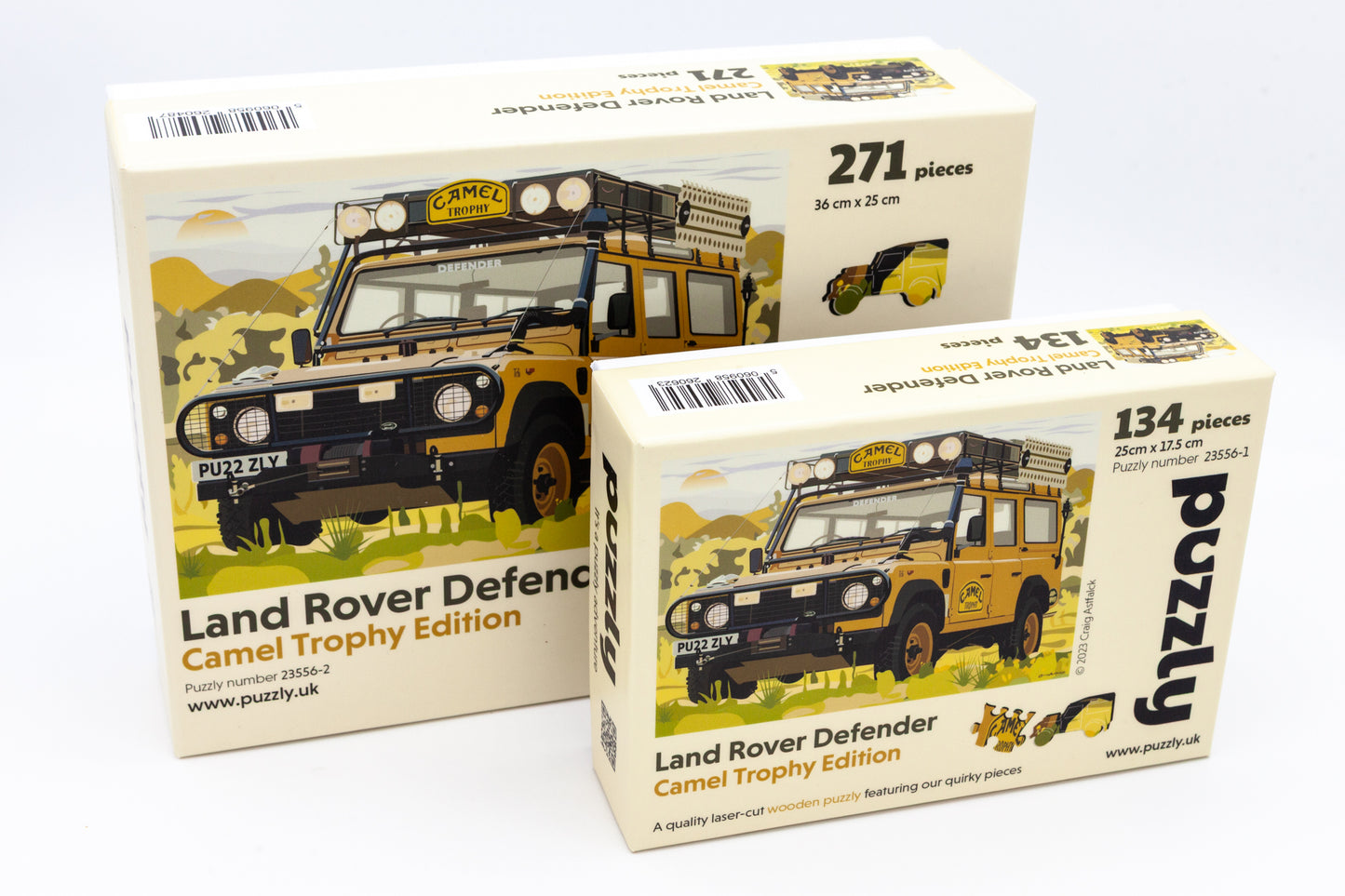 Land Rover Defender Wooden Jigsaw Puzzle - The Camel Trophy Edition. The perfect gift for Land Rover enthusiasts. Comes with 271 or 134 irregular and character pieces. Designed, cut and packaged in Britain.
