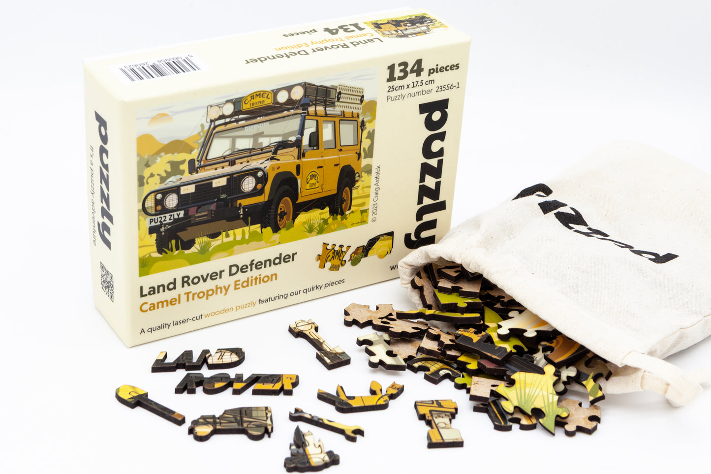 Land Rover Defender Wooden Jigsaw Puzzle - The Camel Trophy Edition. The perfect gift for Land Rover enthusiasts. Comes with 271 or 134 irregular and character pieces. Designed, cut and packaged in Britain.