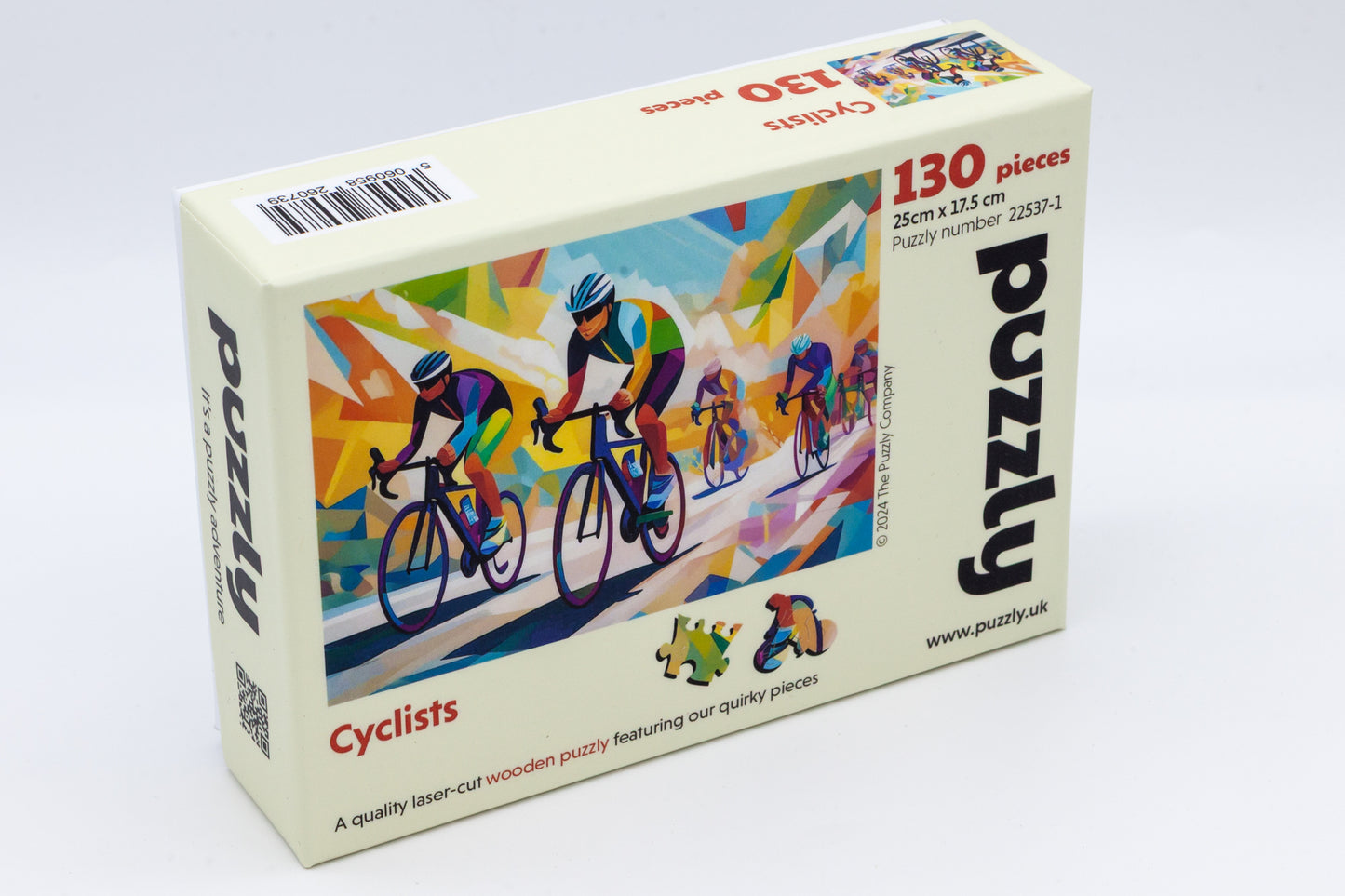 Cyclists wooden jigsaw puzzle. Artwork by the Puzzly Company. A fun cycling puzzle with lots of bicycle and racing themed puzzle pieces. 264 or 130 pieces. The perfect puzzle for a cyclist. Made in Britain using sustainable materials.