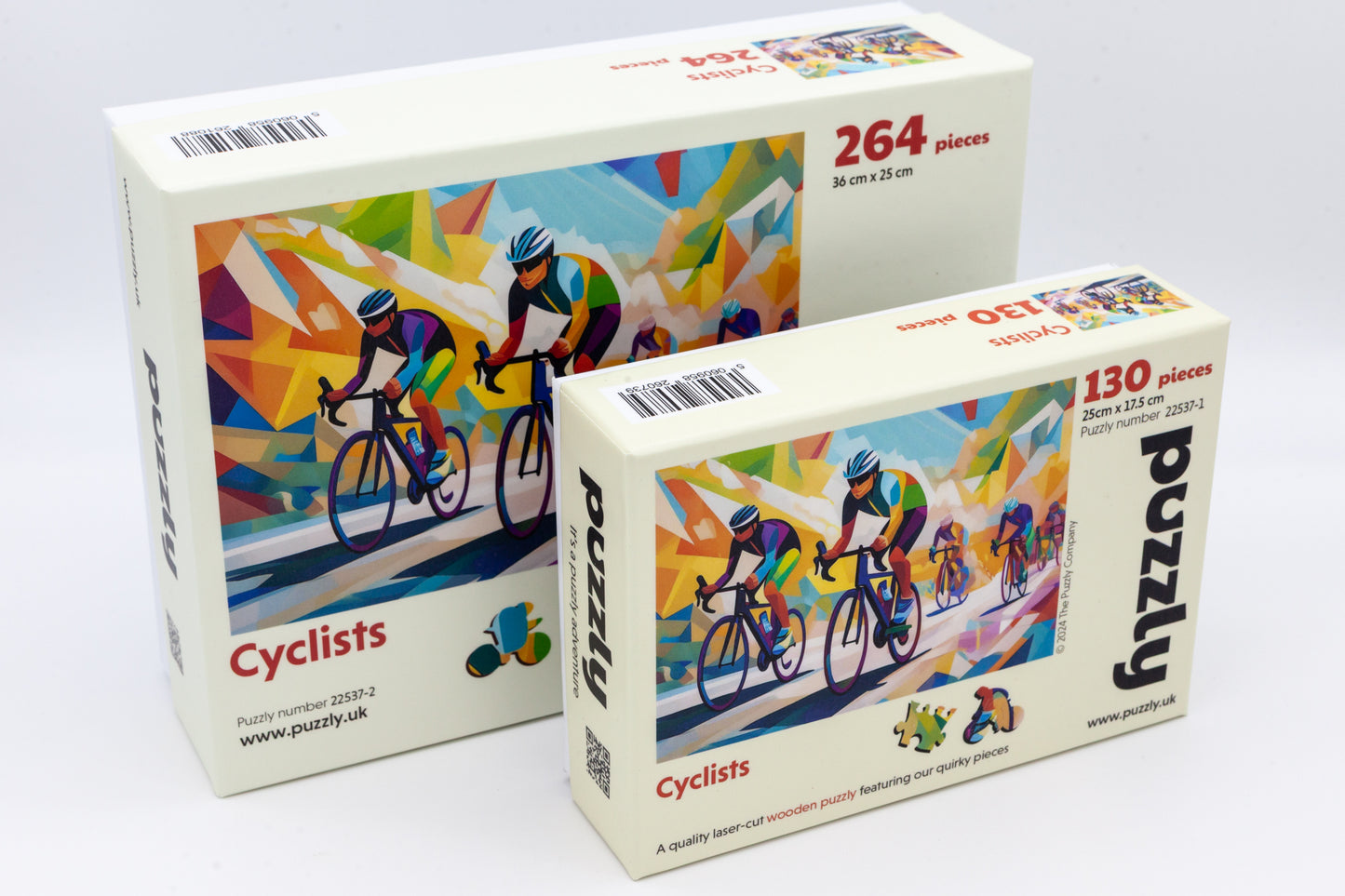 Cyclists wooden jigsaw puzzle. Artwork by the Puzzly Company. A fun cycling puzzle with lots of bicycle and racing themed puzzle pieces. 264 or 130 pieces. The perfect puzzle for a cyclist. Made in Britain using sustainable materials.