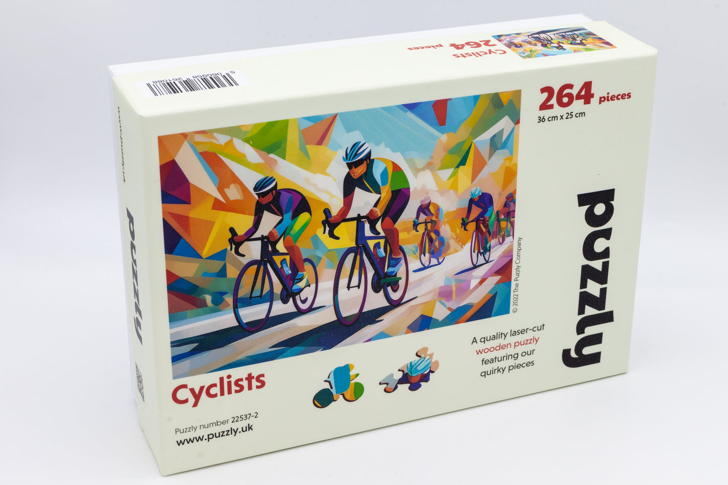 Cyclists wooden jigsaw puzzle. Artwork by the Puzzly Company. A fun cycling puzzle with lots of bicycle and racing themed puzzle pieces. 264 or 130 pieces. The perfect puzzle for a cyclist. Made in Britain using sustainable materials.
