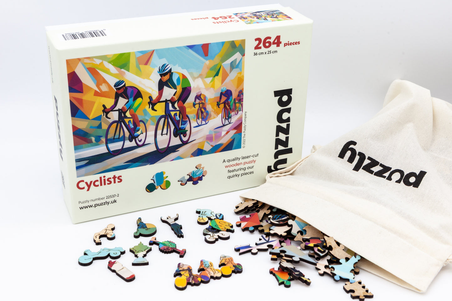 Cyclists wooden jigsaw puzzle. Artwork by the Puzzly Company. A fun cycling puzzle with lots of bicycle and racing themed puzzle pieces. 264 or 130 pieces. The perfect puzzle for a cyclist. Made in Britain using sustainable materials.