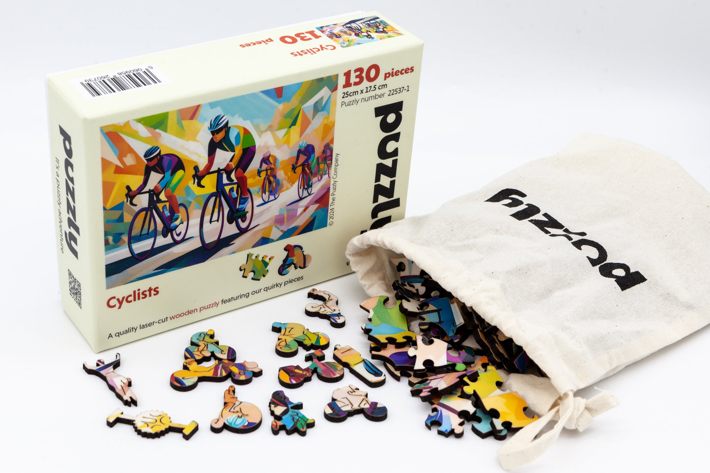 Cyclists wooden jigsaw puzzle. Artwork by the Puzzly Company. A fun cycling puzzle with lots of bicycle and racing themed puzzle pieces. 264 or 130 pieces. The perfect puzzle for a cyclist. Made in Britain using sustainable materials.