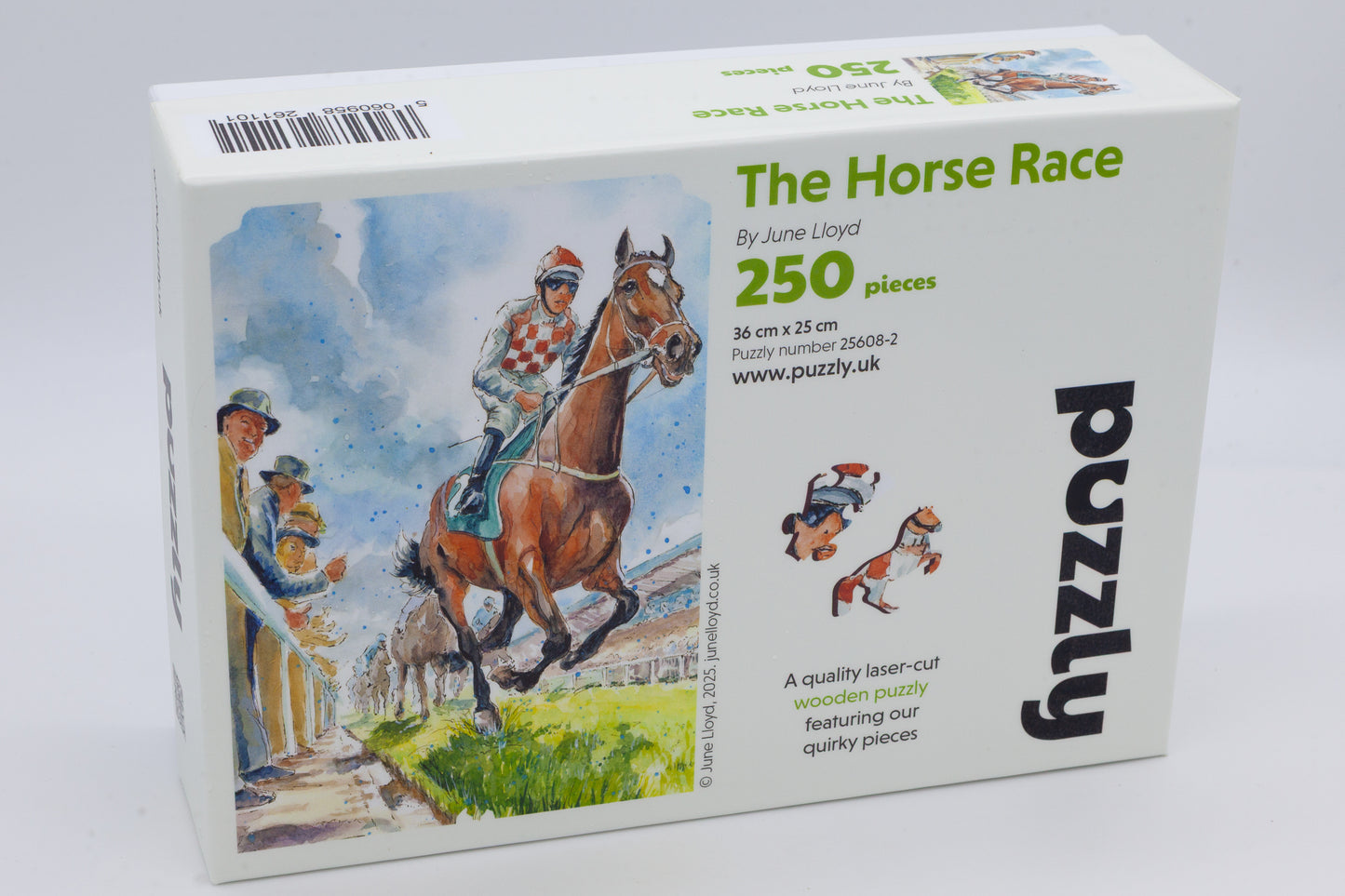 The Horse Race Wooden Jigsaw Puzzle by The Puzzly Company. Artwork by June Lloyd. A fun filled puzzle with regular and whimsical pieces. Made in Britain.