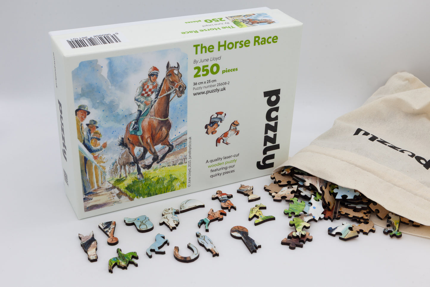 The Horse Race Wooden Jigsaw Puzzle by The Puzzly Company. Artwork by June Lloyd. A fun filled puzzle with regular and whimsical pieces. Made in Britain.
