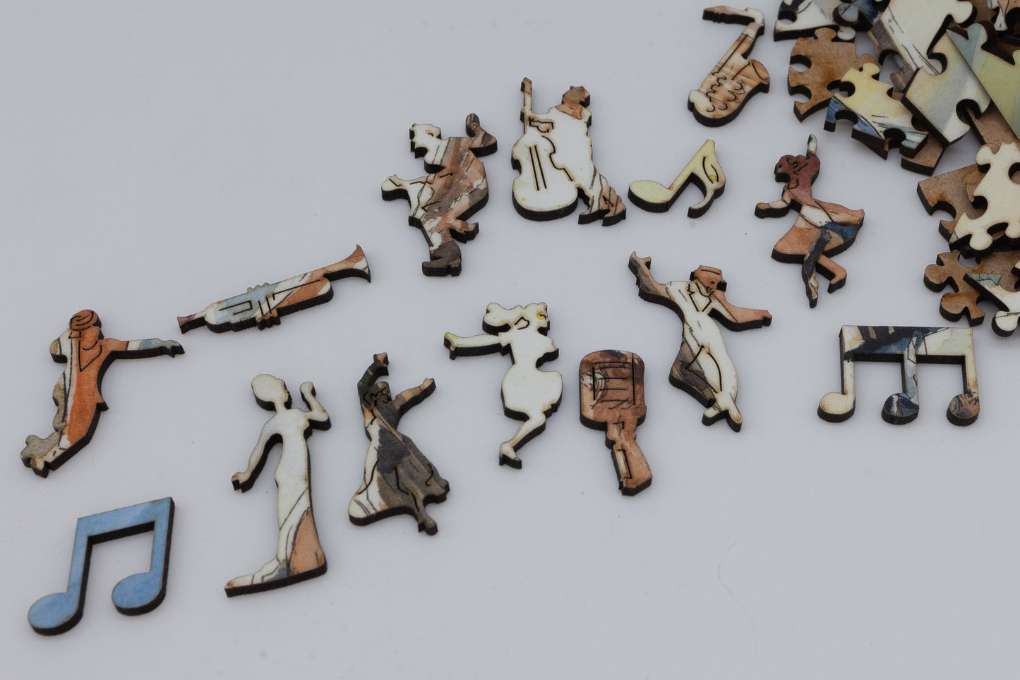 Mashed Potato wooden jigsaw puzzle by June Lloyd. Full of jive dancing, music making and other fun character pieces. Made in Britain by The Puzzly Company