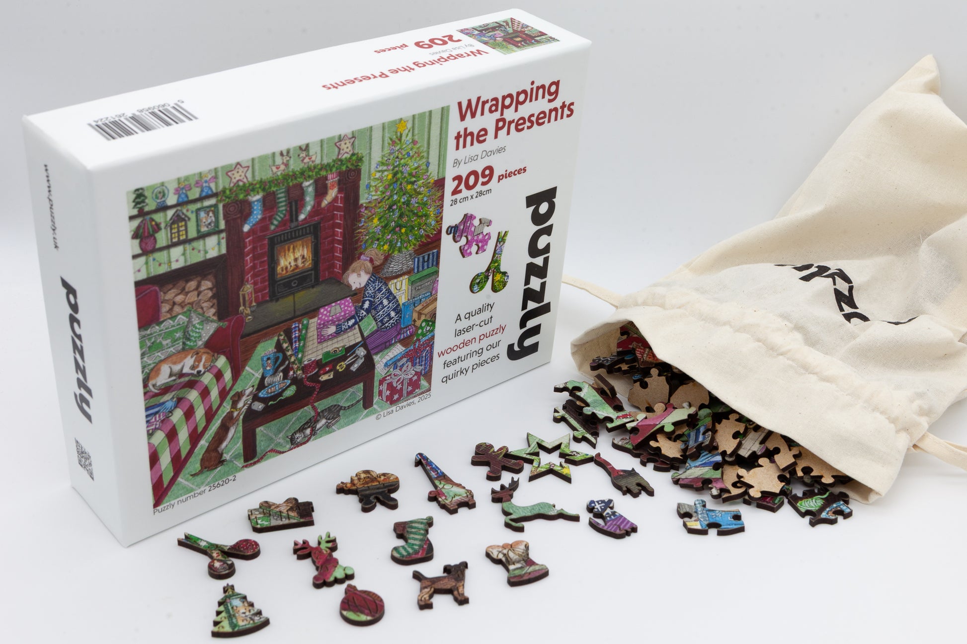 Wrapping the Presents Wooden Jigsaw Puzzle.  Artwork by Lisa Davies.  Full of Christmas themed character pieces.