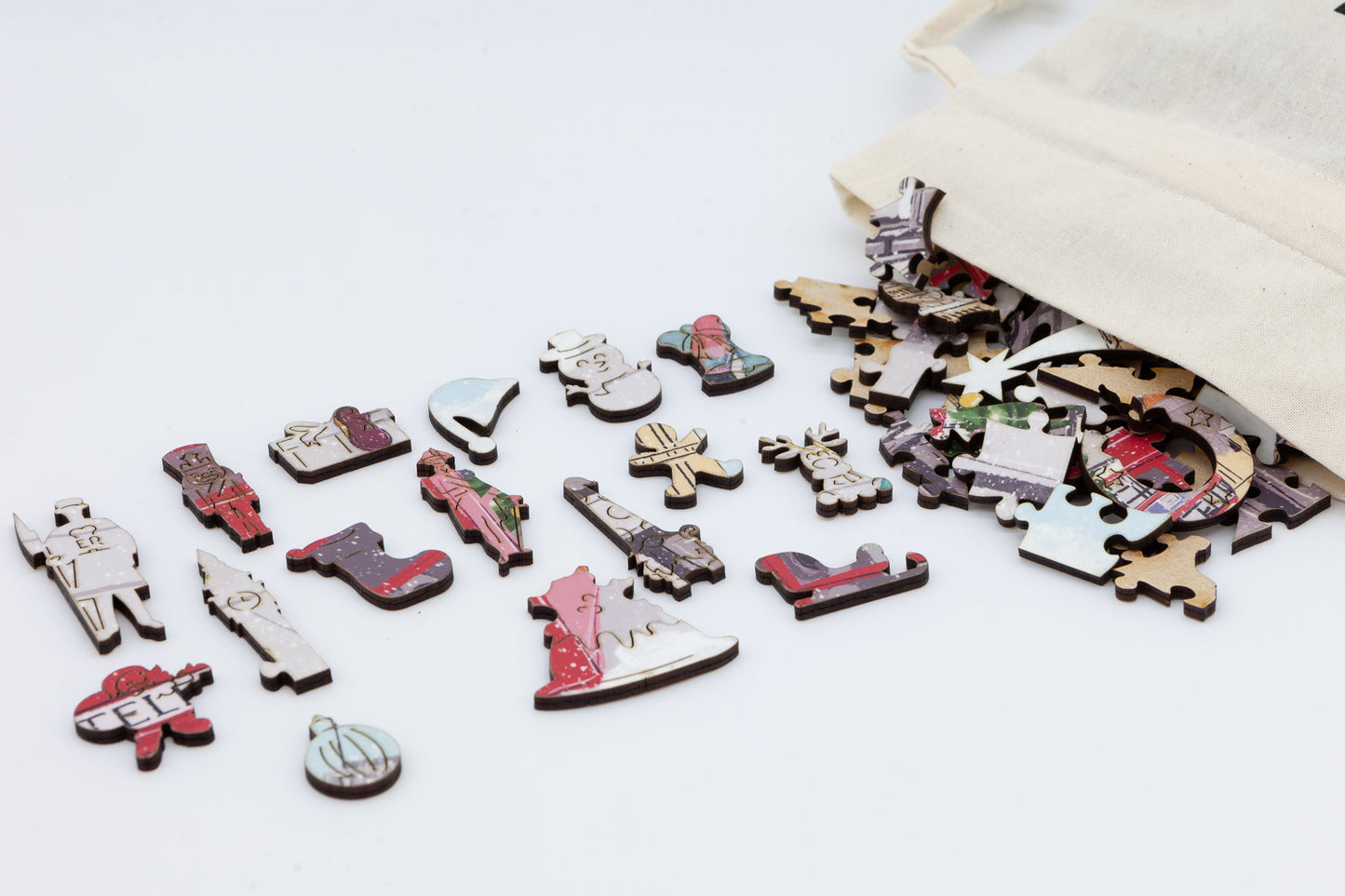 Christmas in London Wooden Jigsaw Puzzle. 250 pieces with irregular and Christmas themed pieces. Artwork by Erin Frantz. Made in Britain by The Puzzly Company.