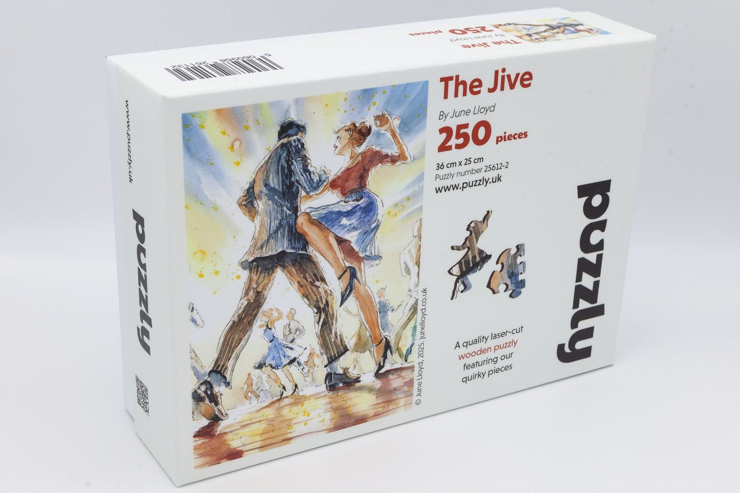The Jive wooden jigsaw puzzle by June Lloyd. Full of jive dancing, music making and other fun character pieces. Made in Britain by The Puzzly Company