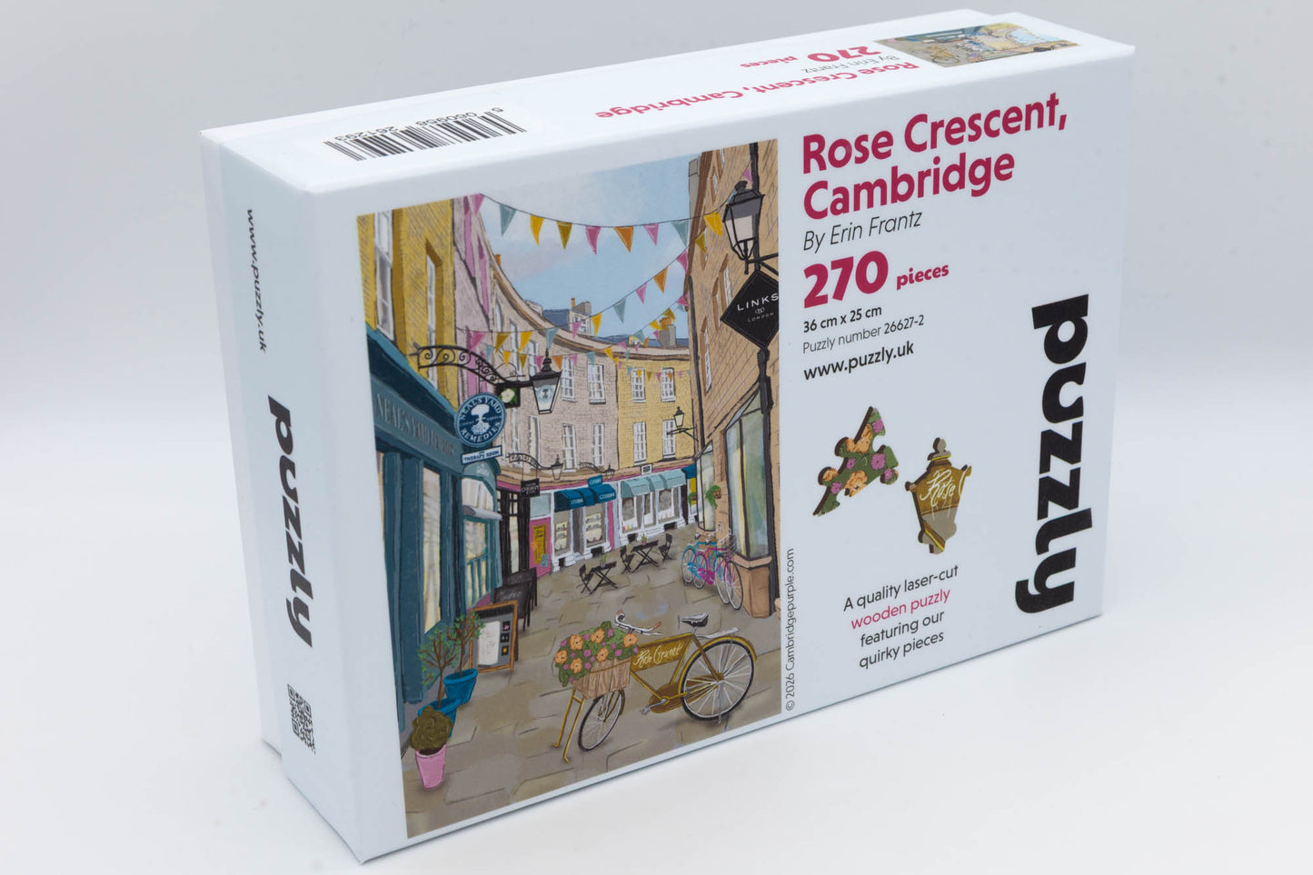 Rose Crescent, Cambridge wooden jigsaw puzzle. Art work by Erin Franz. 270 pieces. Made in Britain by The Puzzly Company.