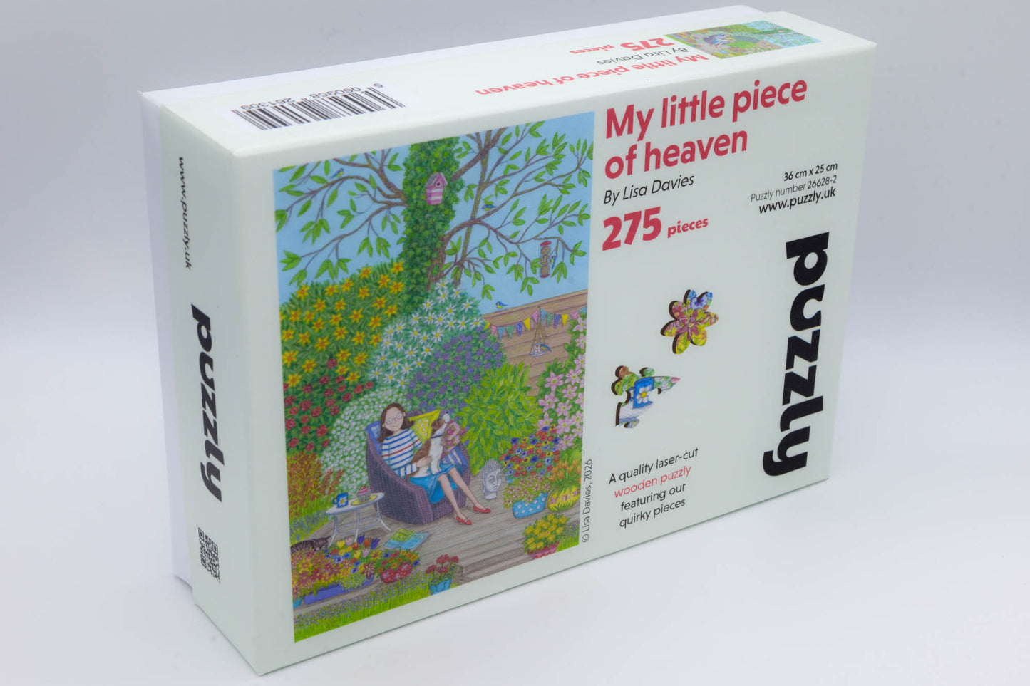 My little piece of heaven wooden jigsaw puzzle. Original artwork by Lisa Davies. Contains 265 irregular and whimsical jigsaw pieces. Made in Britain by The Puzzly Company.
