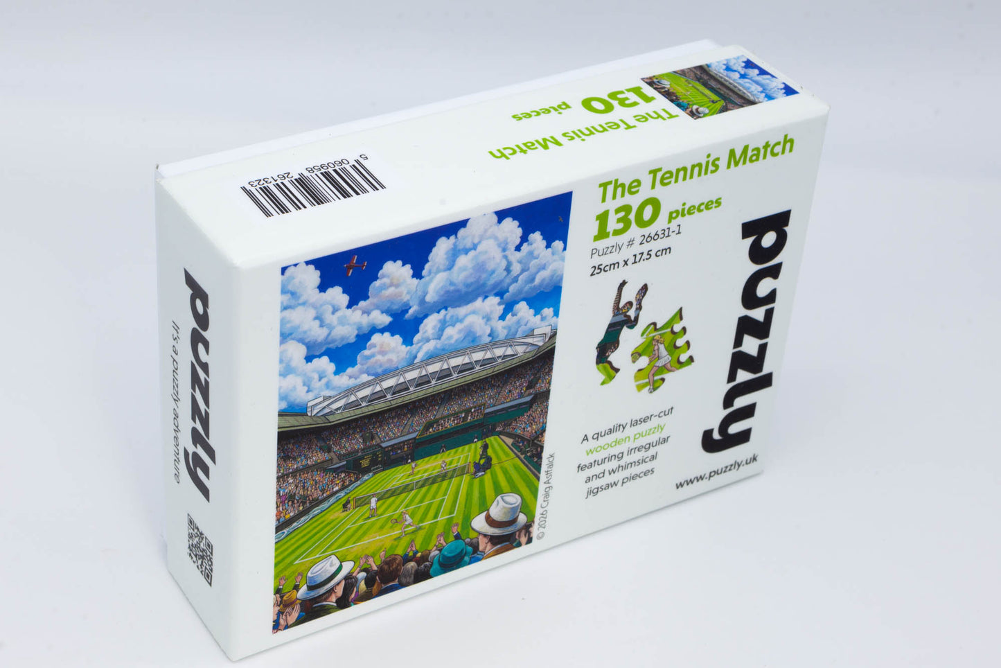 The Tennis Match wooden jigsaw puzzle. A great tennis themed puzzle containing both irregular and whimsical pieces. Available in 2 sizes: 250 or 130 pieces. Designed and cut by the Puzzly Company.