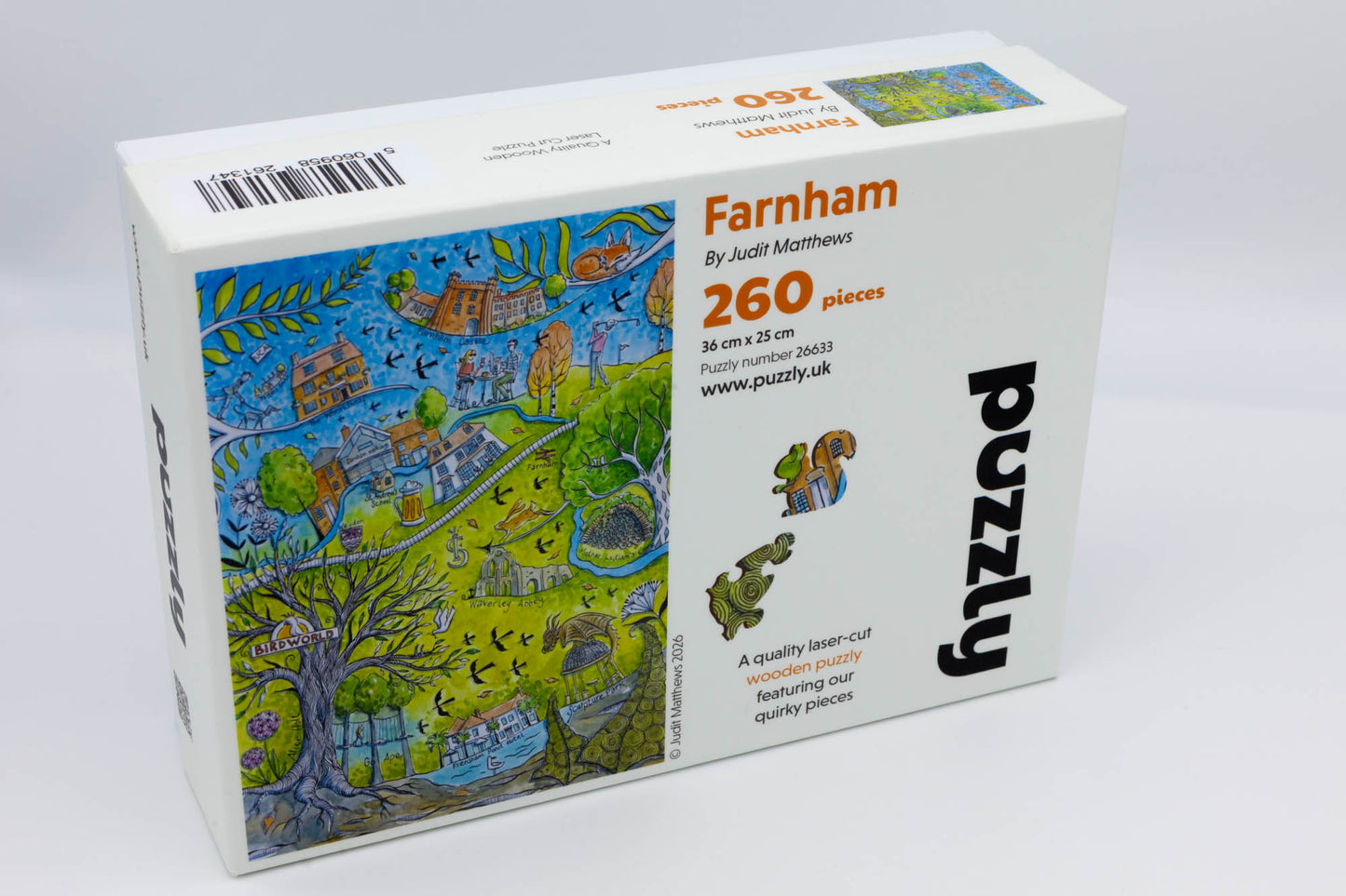 Farnham wooden jigsaw puzzle. Artwork by Judit Matthews. 260 pieces containing both irregular and whimsical pieces. Made in Britain by The Puzzly Company.