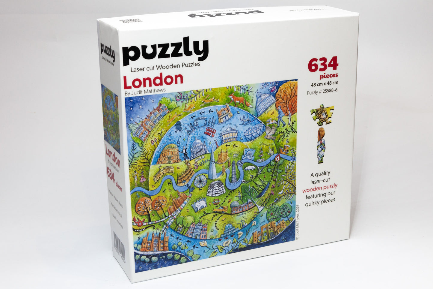 London Wooden Jigsaw Puzzle with London themed whimsical pieces. Artwork by Judit Matthews. Made in Britain. 638 or 216 pieces.