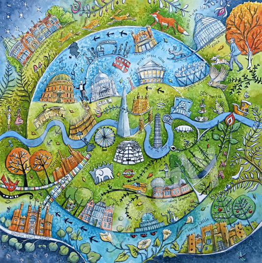 London Wooden Jigsaw Puzzle with London themed whimsical pieces.  Artwork by Judit Matthews.  Made in Britain. 638 or 216 pieces.