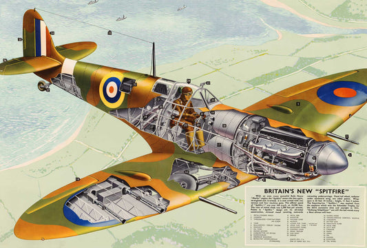 A wooden jigsaw puzzle depicting a 1940's Britain's new 'Spitfire' airplane with an exploded view plan. The image shows the puzzle with multiple piece whimsical shapes and colours representing the airplane's design.