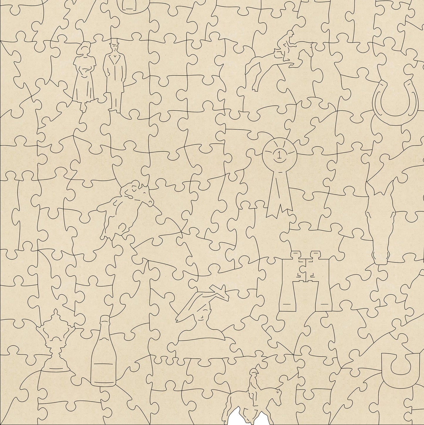 The Horse Race Wooden Jigsaw Puzzle by The Puzzly Company. Artwork by June Lloyd. A fun filled puzzle with regular and whimsical pieces. Made in Britain.