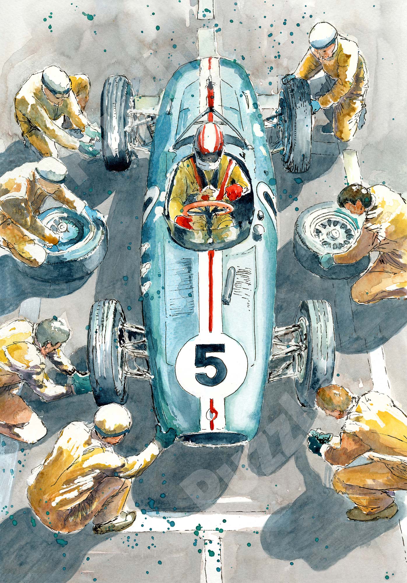 The Pit Stop Wooden Jigsaw Puzzle by The Puzzly Company. Artwork by June Lloyd. It's a wonderful 1950's inspired Motorsport Grand Prix race. The puzzle contains both normal and whimsical jigsaw pieces. Made in Britain.