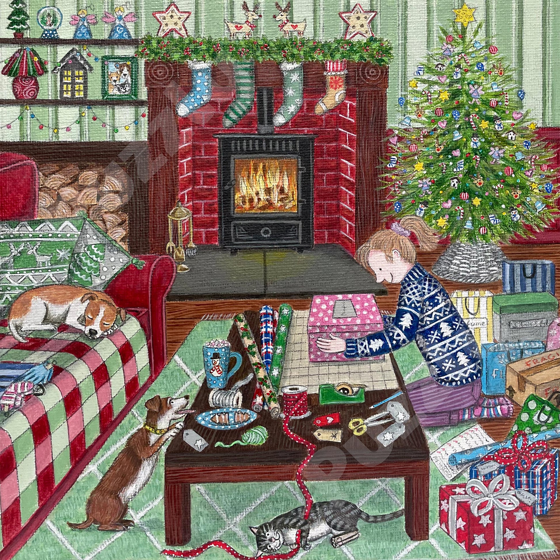 Wrapping the Presents Wooden Jigsaw Puzzle.  Artwork by Lisa Davies.  Full of Christmas themed character pieces.