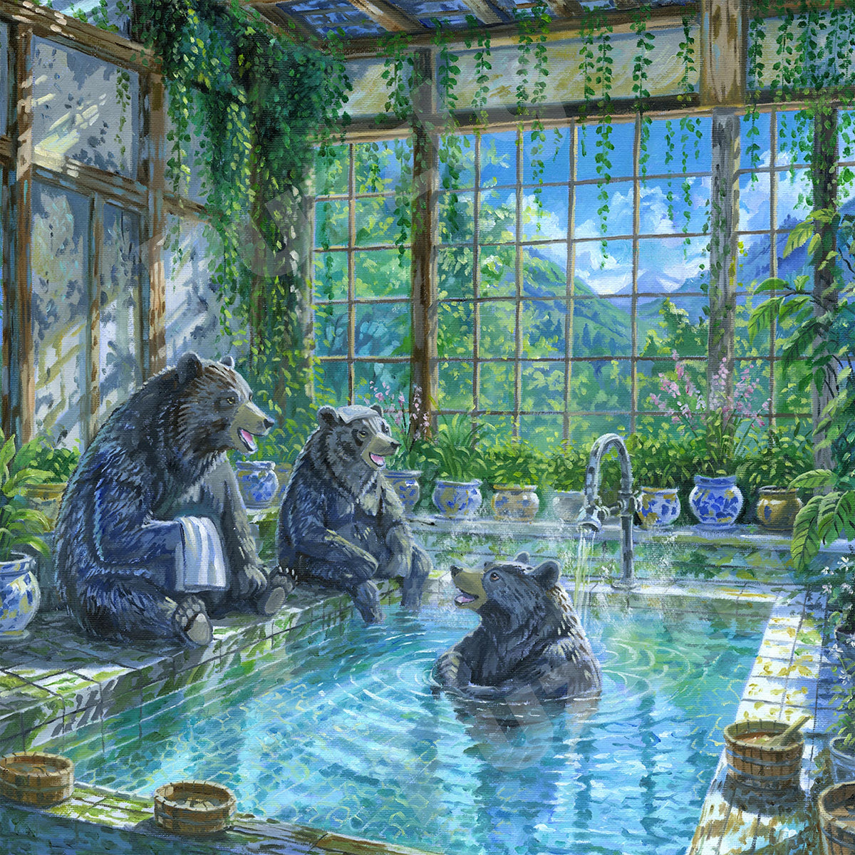Bears in a Bath wooden jigsaw puzzle.  Artwork by Derrick Ireland.  600 pieces containing both irregular and whimsical pieces.  Made in Britain by The Puzzly Company.
