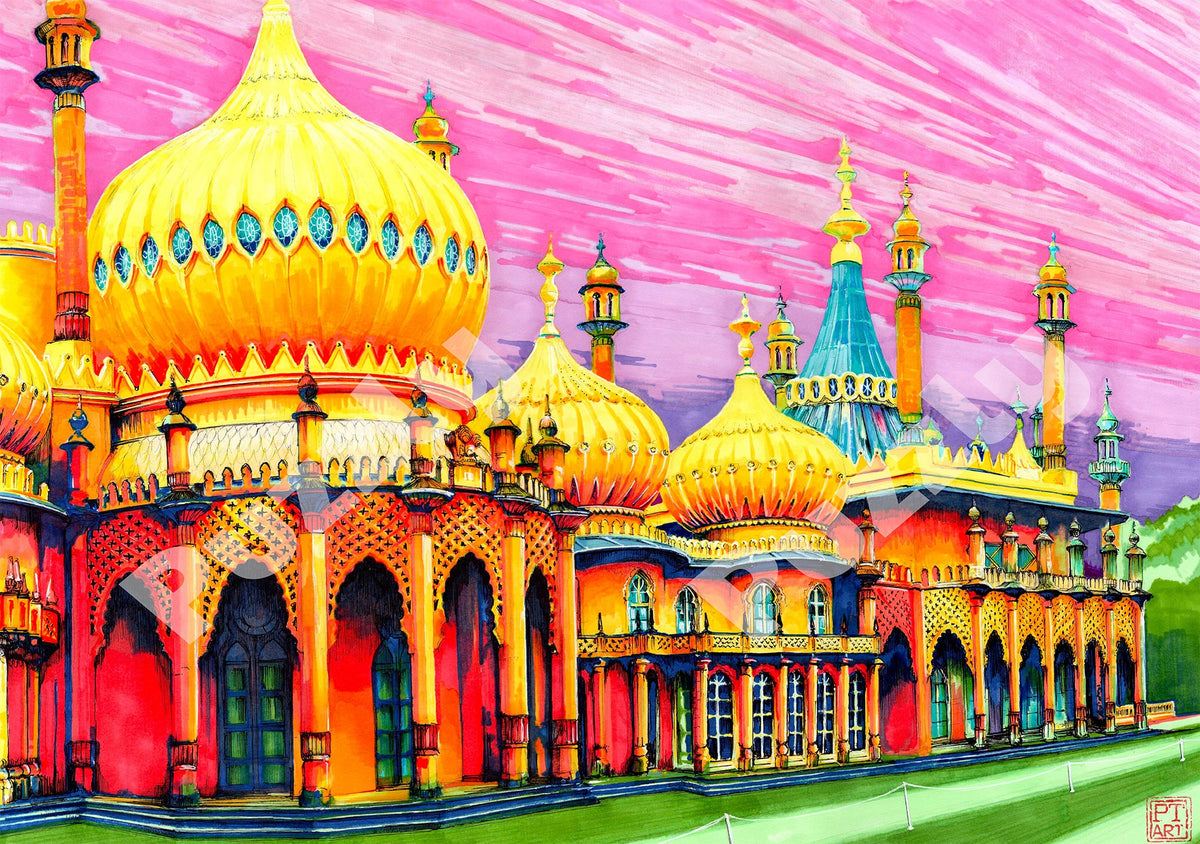 Bright Pavilion wooden jigsaw puzzle. Artwork by Patrick Tulloch.  A fun 527 piece puzzle with Brighton themed whimsical jigsaw pieces.  Made in Britain by The Puzzly company. 