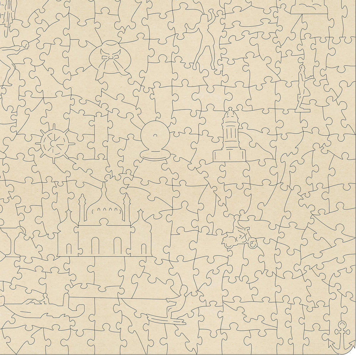 Bright Pavilion wooden jigsaw puzzle. Artwork by Patrick Tulloch.  A fun 527 piece puzzle with Brighton themed whimsical jigsaw pieces.  Made in Britain by The Puzzly company. 