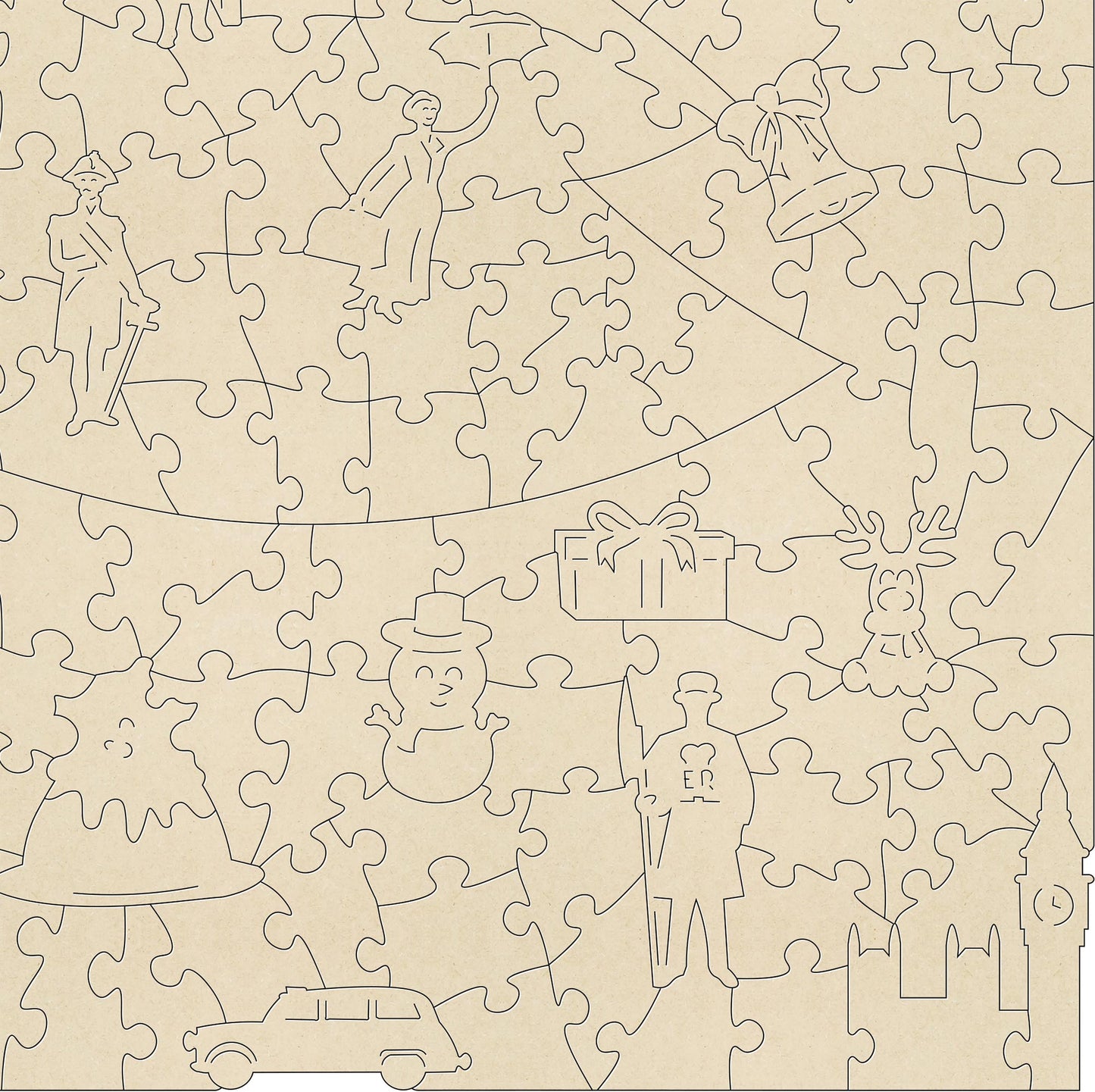 Christmas in London Wooden Jigsaw Puzzle.  250 pieces with irregular and Christmas themed pieces.  Artwork by Erin Frantz.  Made in Britain by The Puzzly Company.