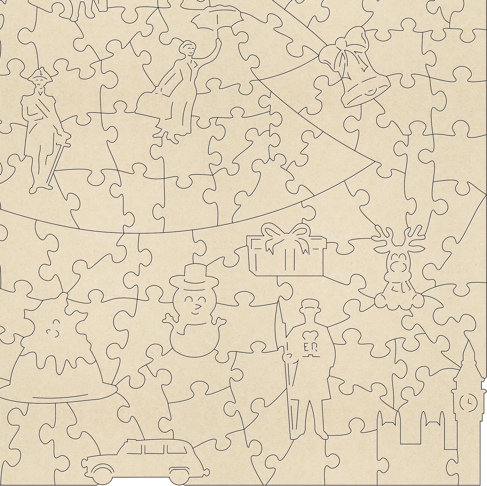 Christmas in London Wooden Jigsaw Puzzle.  250 pieces with irregular and Christmas themed pieces.  Artwork by Erin Frantz.  Made in Britain by The Puzzly Company.