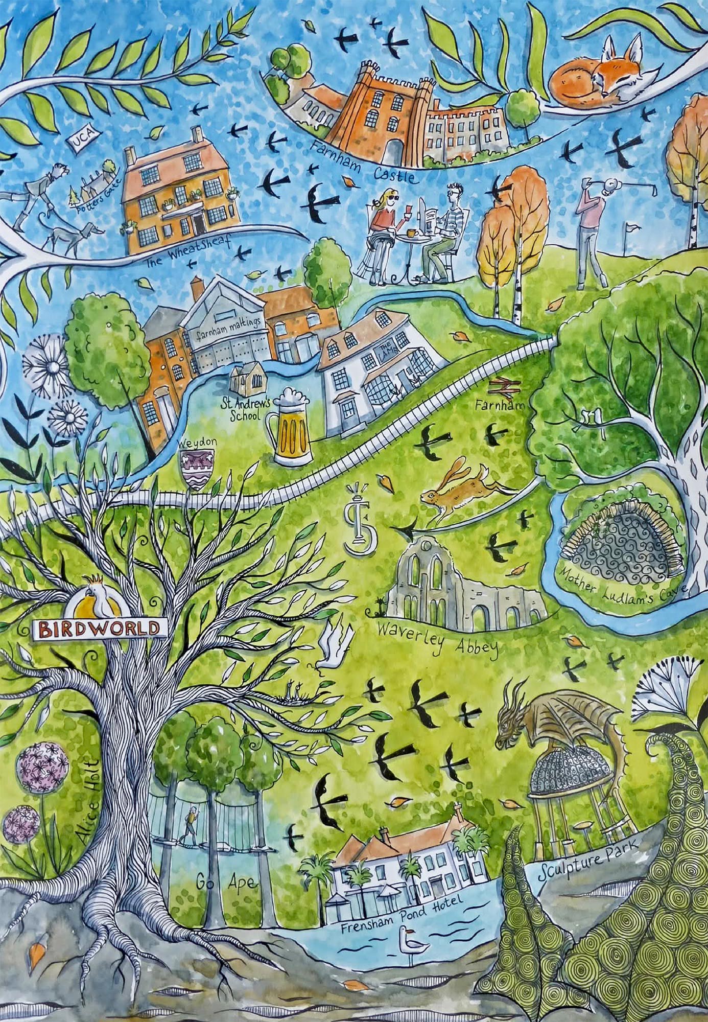 Farnham wooden jigsaw puzzle.  Artwork by Judit Matthews.  260 pieces containing both irregular and whimsical pieces.  Made in Britain by The Puzzly Company.