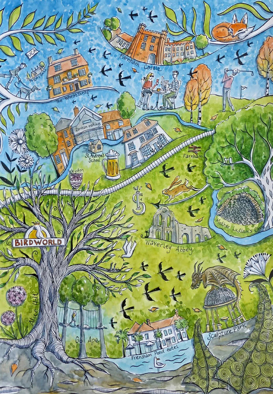 Farnham wooden jigsaw puzzle.  Artwork by Judit Matthews.  260 pieces containing both irregular and whimsical pieces.  Made in Britain by The Puzzly Company.