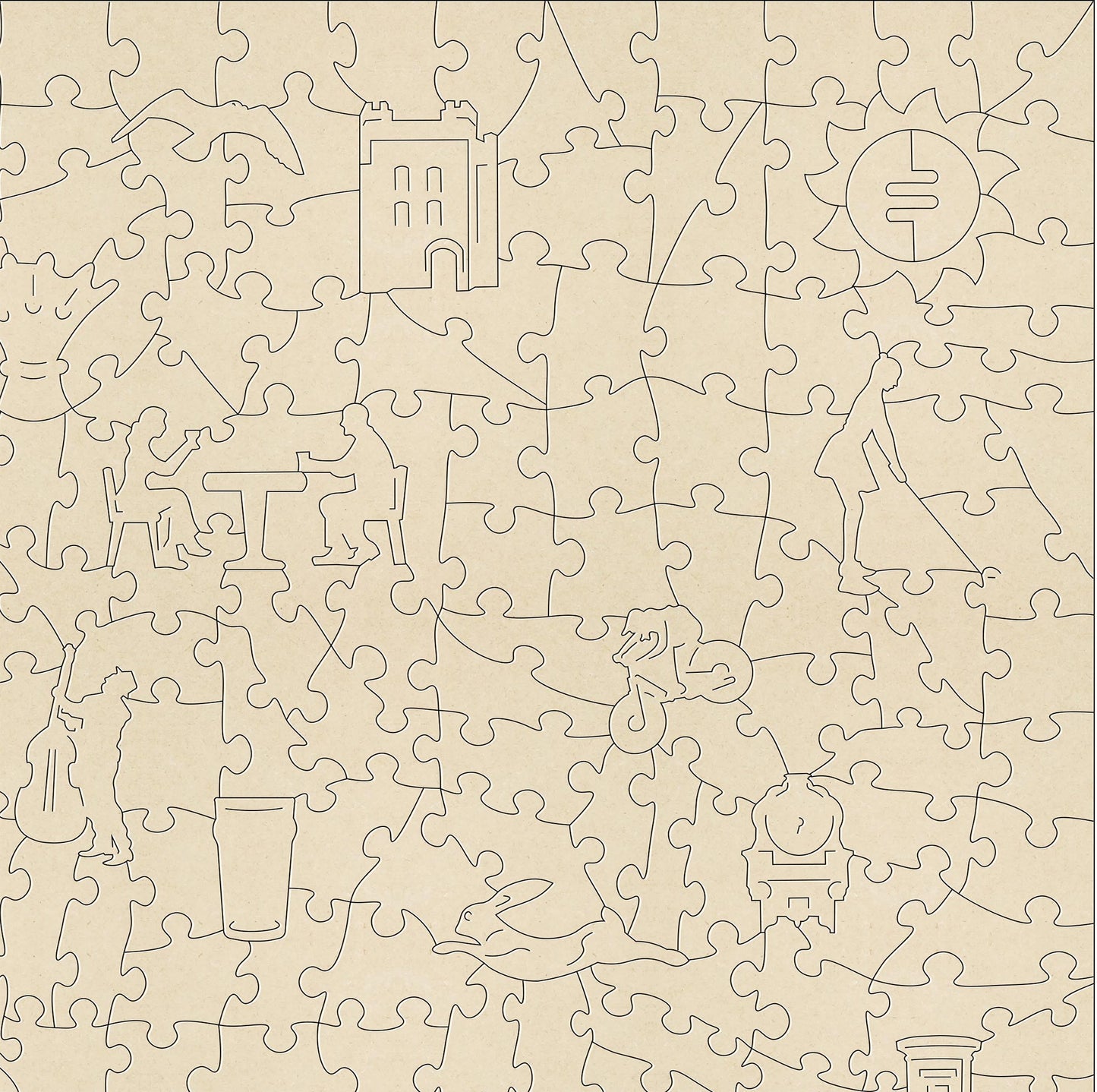 Farnham wooden jigsaw puzzle.  Artwork by Judit Matthews.  260 pieces containing both irregular and whimsical pieces.  Made in Britain by The Puzzly Company.