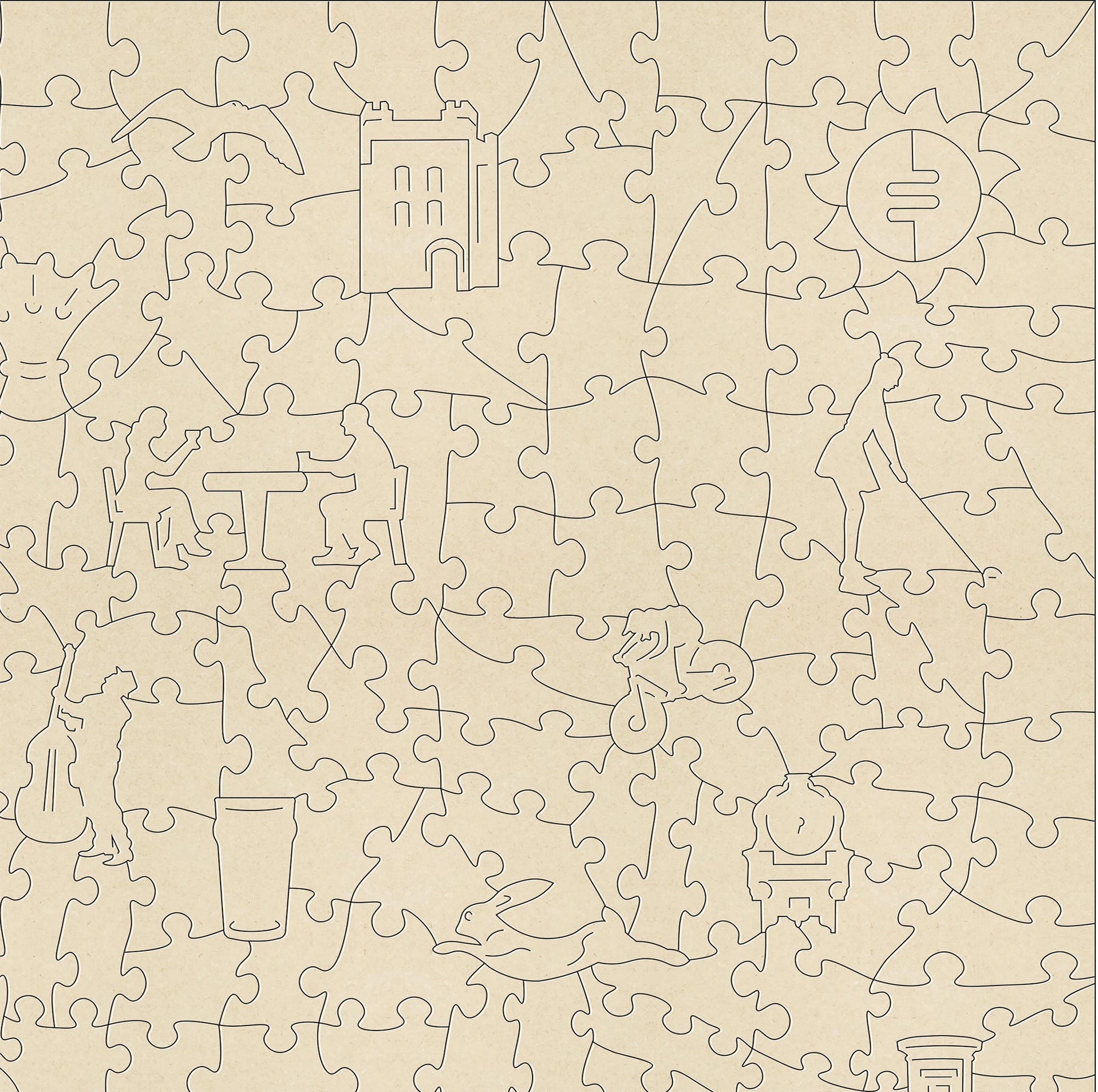 Farnham wooden jigsaw puzzle.  Artwork by Judit Matthews.  260 pieces containing both irregular and whimsical pieces.  Made in Britain by The Puzzly Company.
