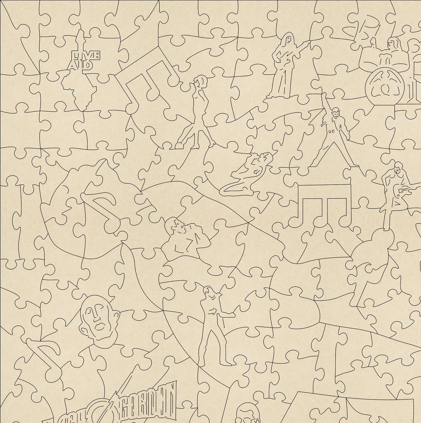 Freddie Mercury Wooden Jigsaw Puzzle.  Contains wonderful Freddie and Queen related character pieces.  Made in Britain by The Puzzly Company