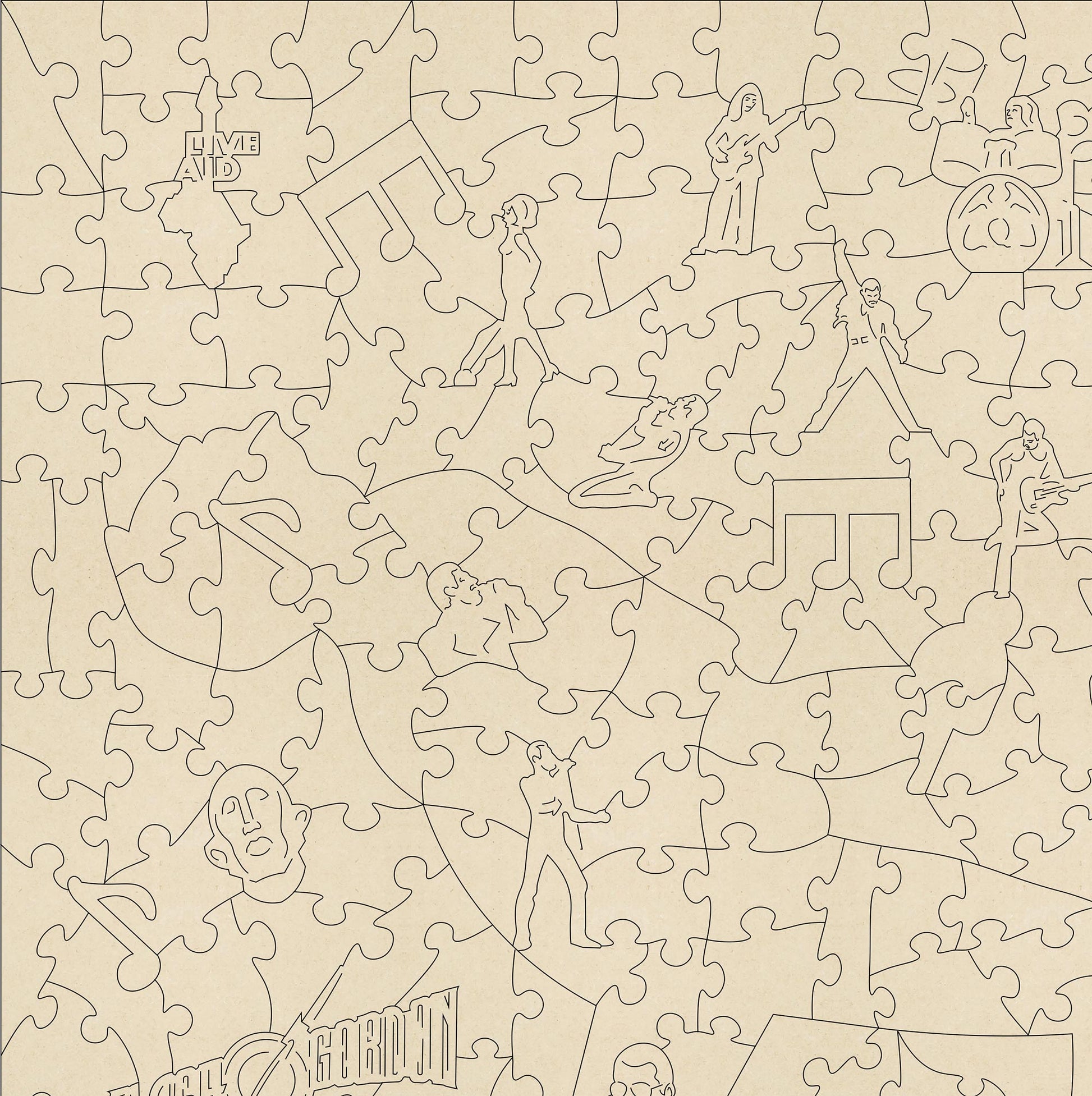 Freddie Mercury Wooden Jigsaw Puzzle.  Contains wonderful Freddie and Queen related character pieces.  Made in Britain by The Puzzly Company