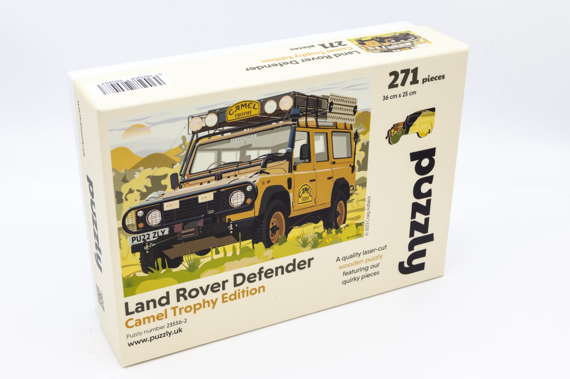 Land Rover Defender Wooden Jigsaw Puzzle - The Camel Trophy Edition. The perfect gift for Land Rover enthusiasts. Comes with 271 or 134 irregular and character pieces.  Designed, cut and packaged in Britain.