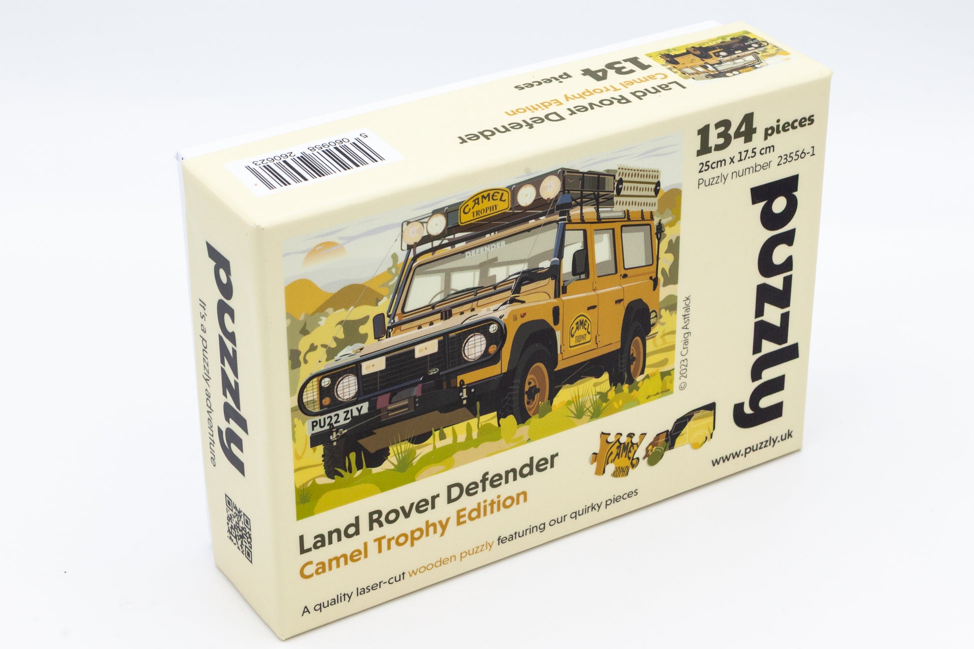 Land Rover Defender Wooden Jigsaw Puzzle - The Camel Trophy Edition. The perfect gift for Land Rover enthusiasts. Comes with 271 or 134 irregular and character pieces.  Designed, cut and packaged in Britain.