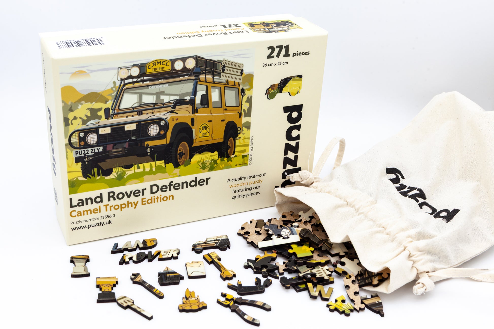 Land Rover Defender Wooden Jigsaw Puzzle - The Camel Trophy Edition. The perfect gift for Land Rover enthusiasts. Comes with 271 or 134 irregular and character pieces.  Designed, cut and packaged in Britain.