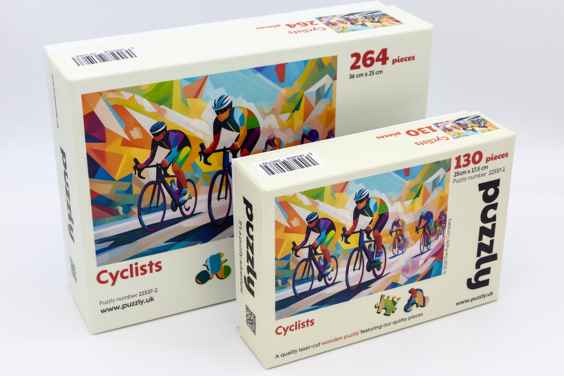 Cyclists wooden jigsaw puzzle.  Artwork  by the Puzzly Company.  A fun cycling puzzle with lots of bicycle and racing themed puzzle pieces.  264 or 130 pieces.  The perfect puzzle for a cyclist. Made in Britain using sustainable materials.